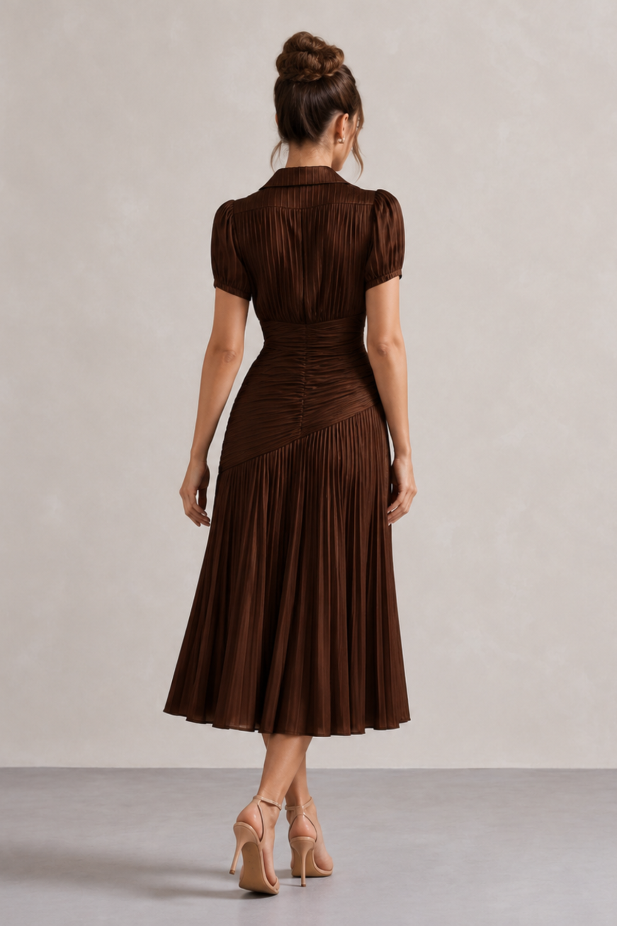 Bronze Pinstripe Ruched Waist Midi Dress