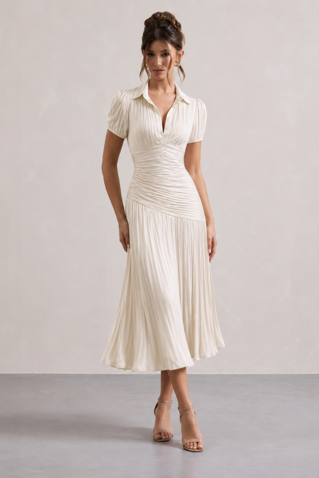 Bronze Pinstripe Ruched Waist Midi Dress
