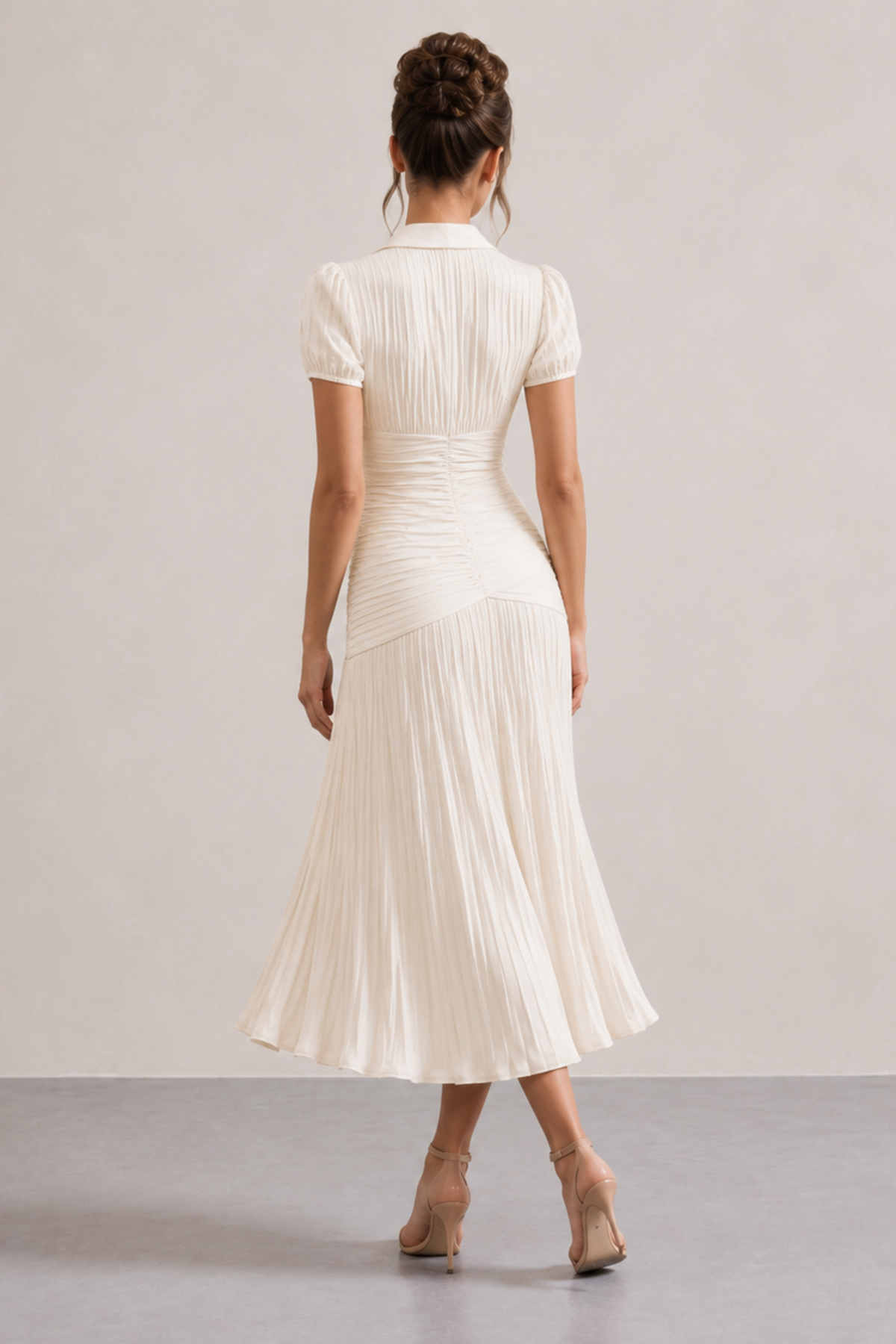 Bronze Pinstripe Ruched Waist Midi Dress