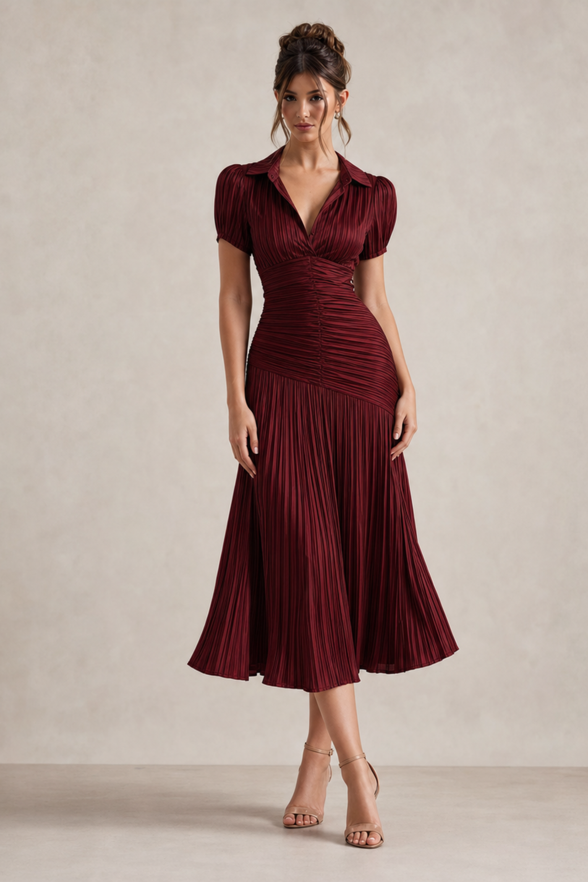 Bronze Pinstripe Ruched Waist Midi Dress