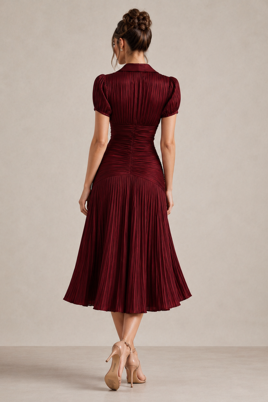 Bronze Pinstripe Ruched Waist Midi Dress