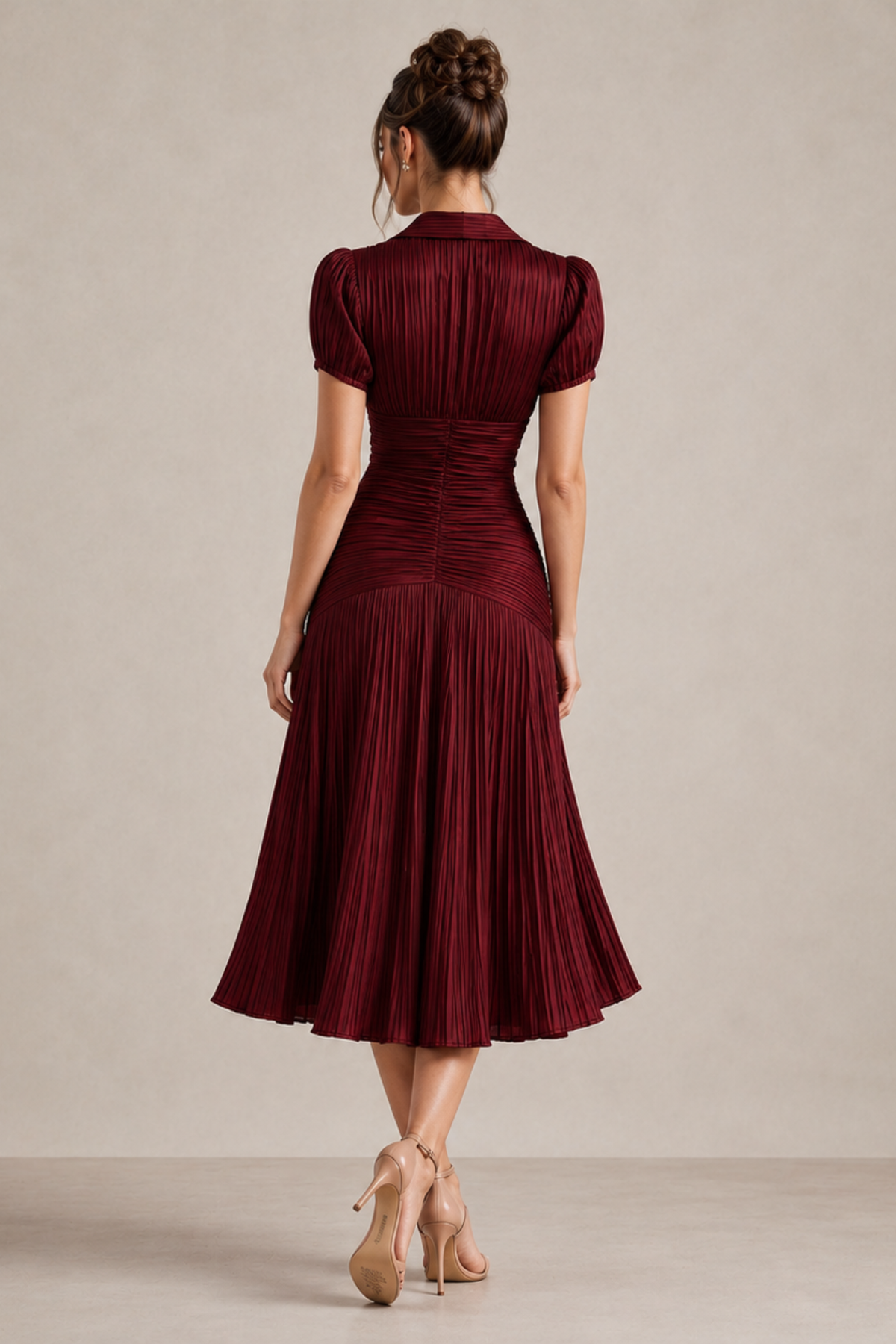 Bronze Pinstripe Ruched Waist Midi Dress