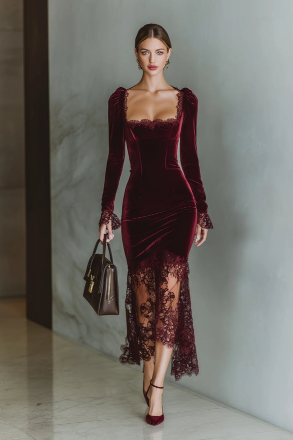 Burgundy Lace Sweetheart Maxi Dress