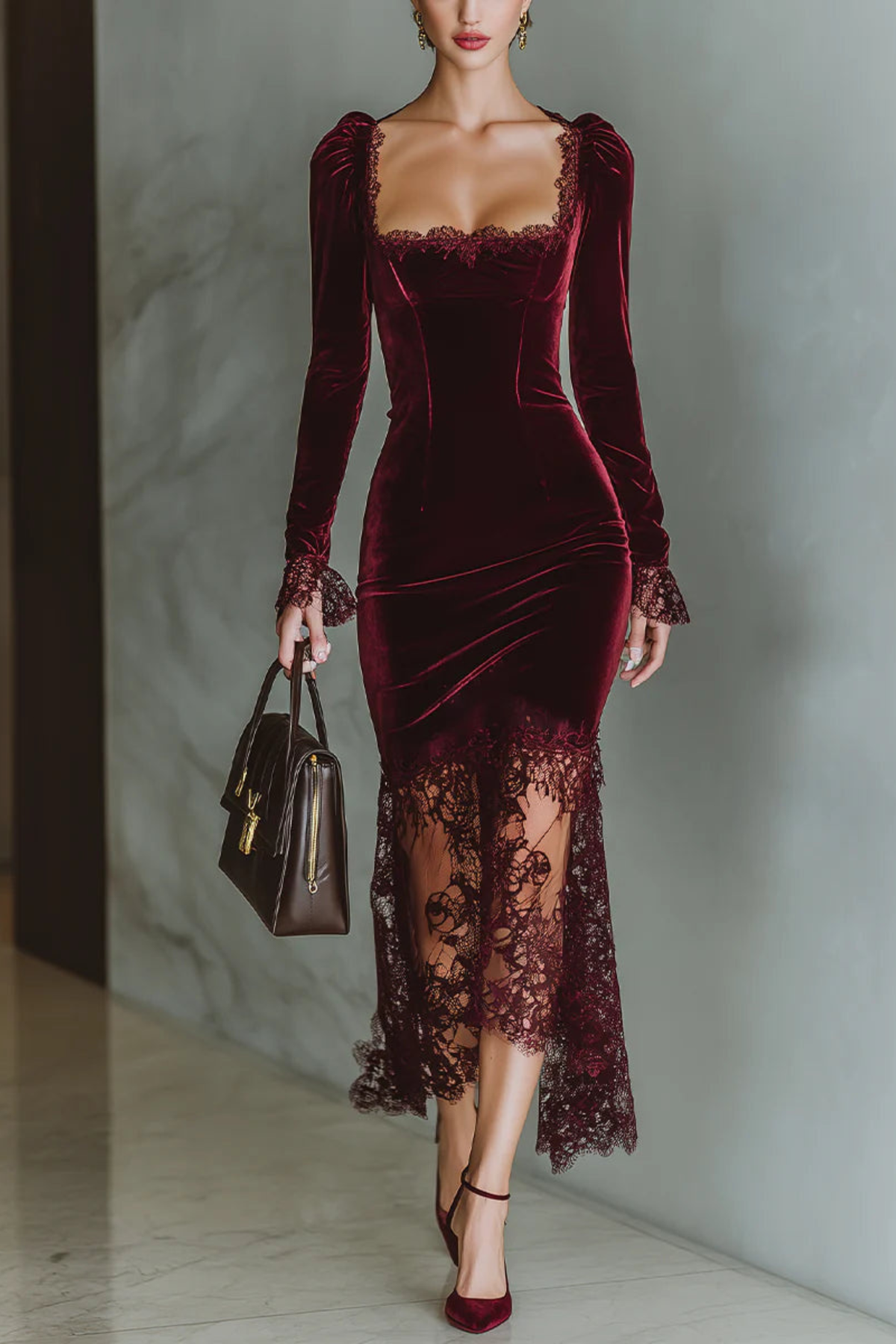 Burgundy Lace Sweetheart Maxi Dress