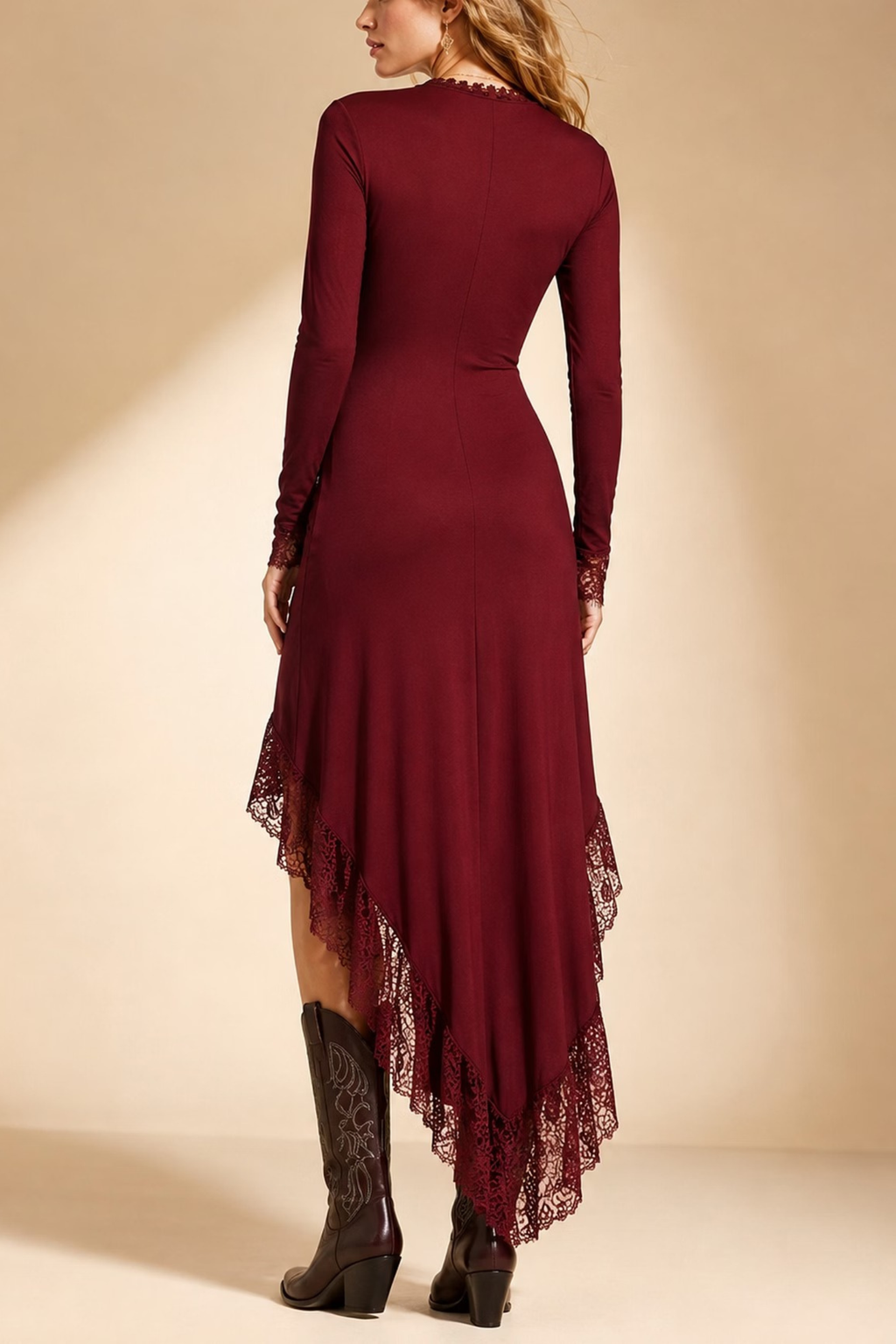 Burgundy Lace Trim High Low Wrap Maxi Dress