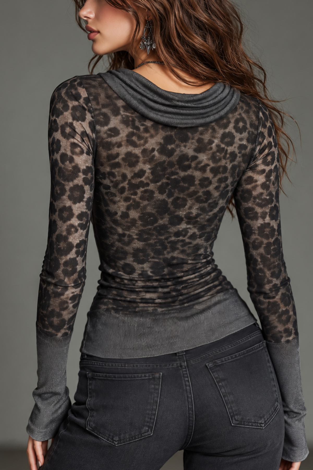 Charcoal Leopard Print Cowl Neck Top