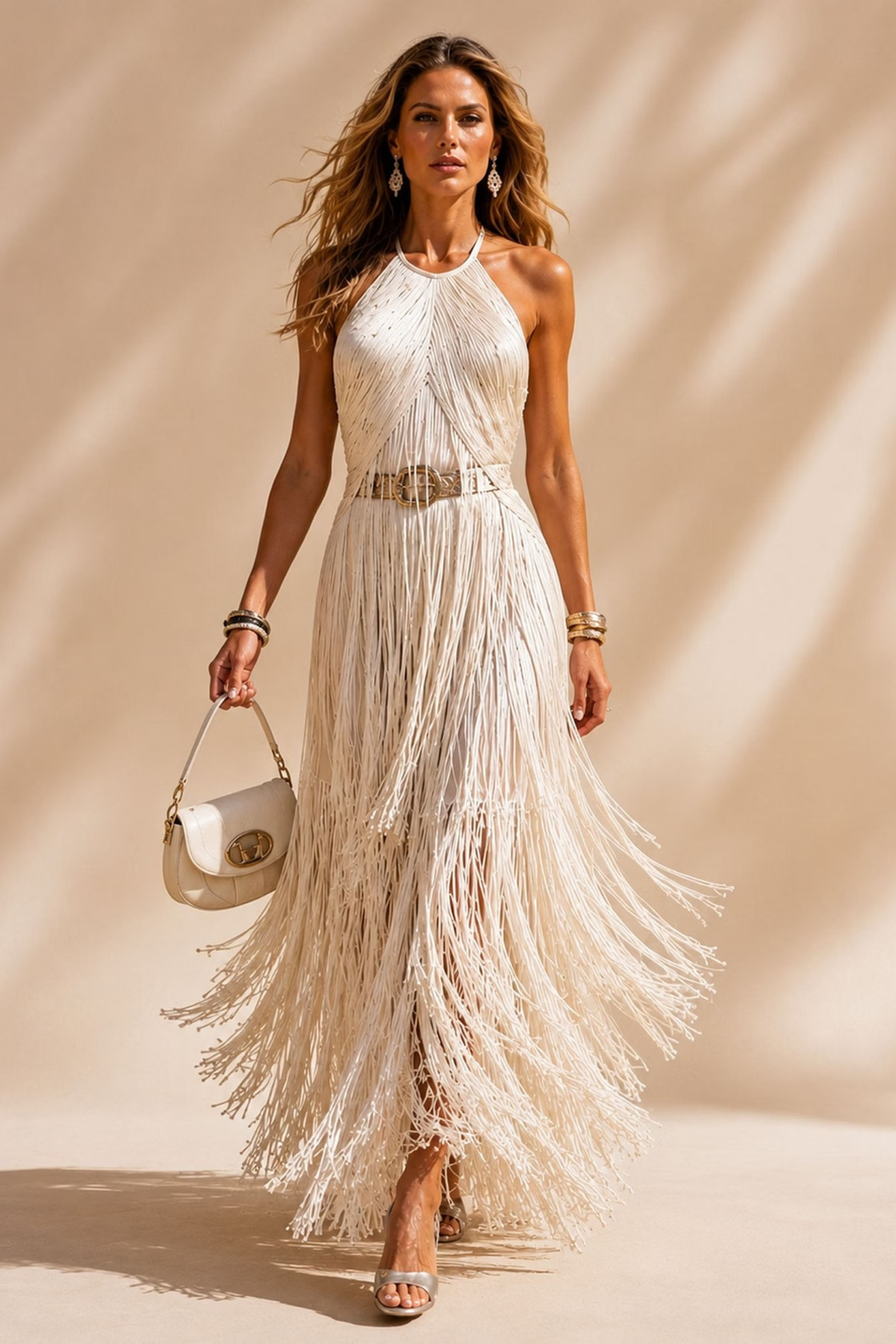 Cream Fringe Halter Maxi Dress