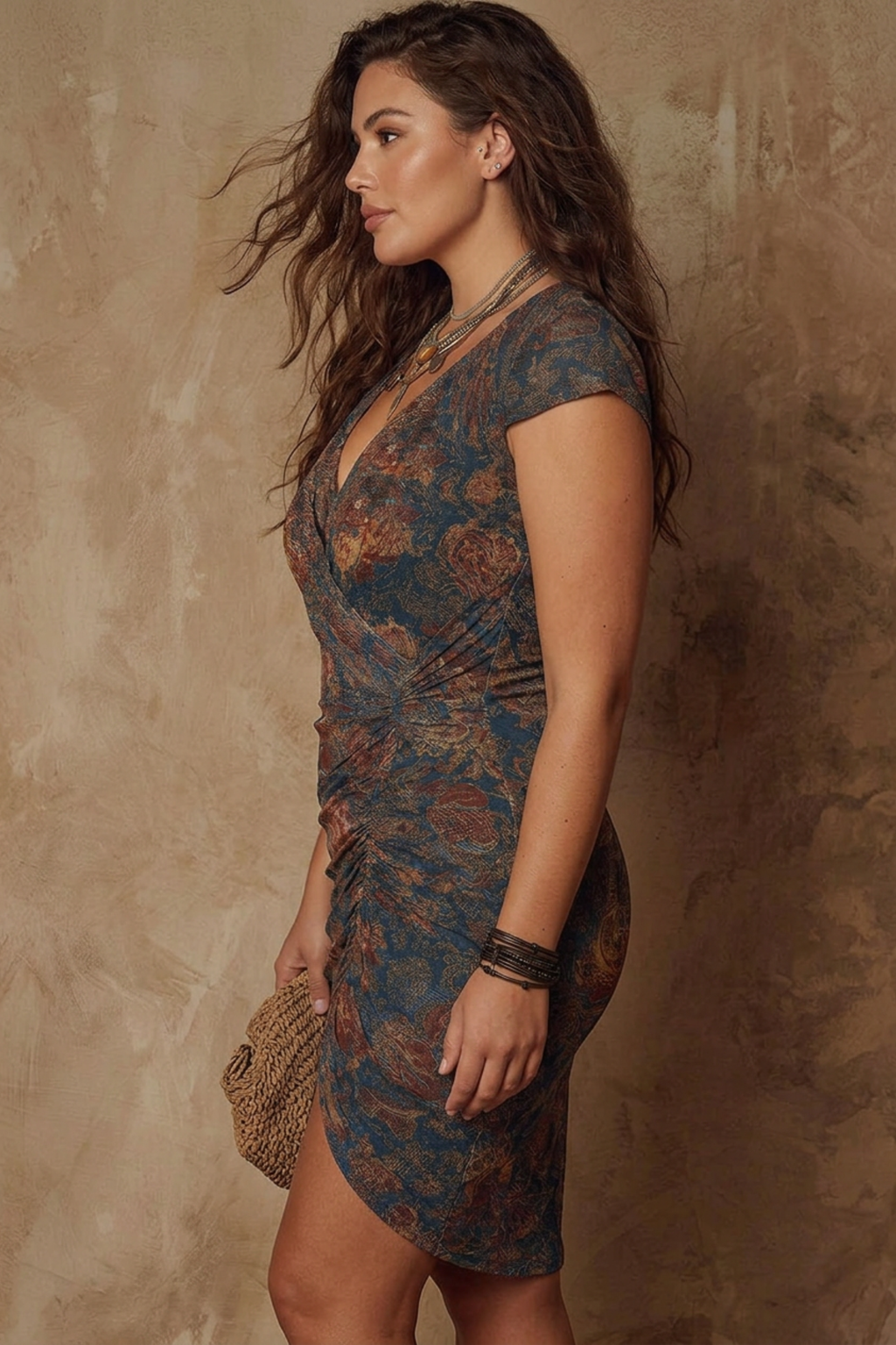 Dark Blue Paisley V-Neck Mini Dress