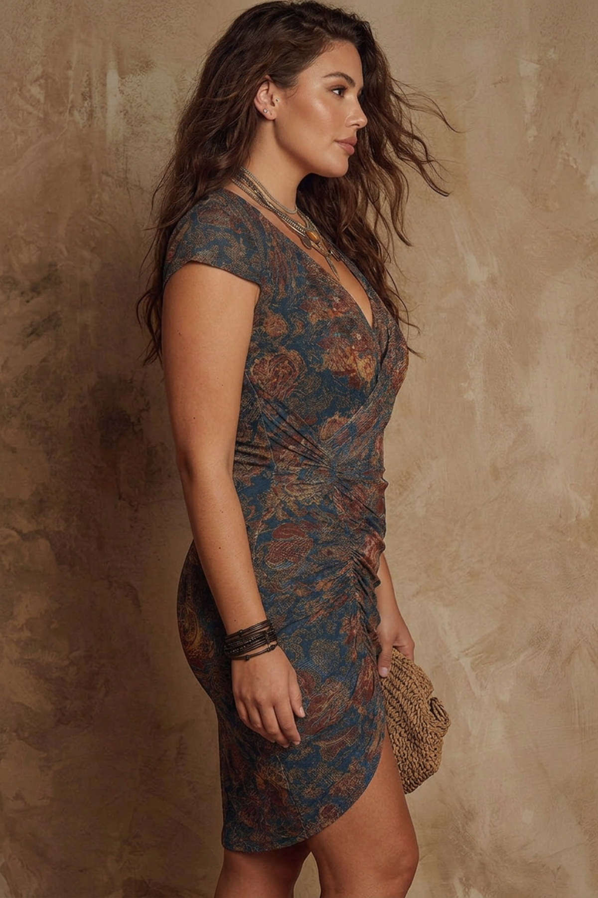 Dark Blue Paisley V-Neck Mini Dress