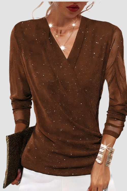 Draped V Neck Shimmer Blouse