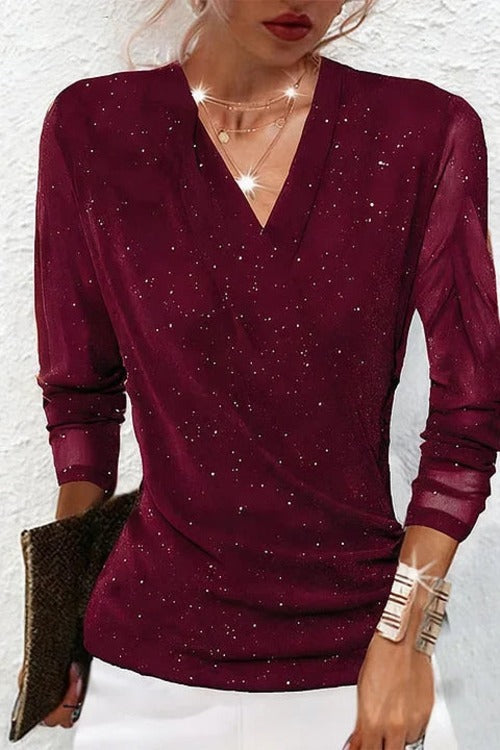 Draped V Neck Shimmer Blouse