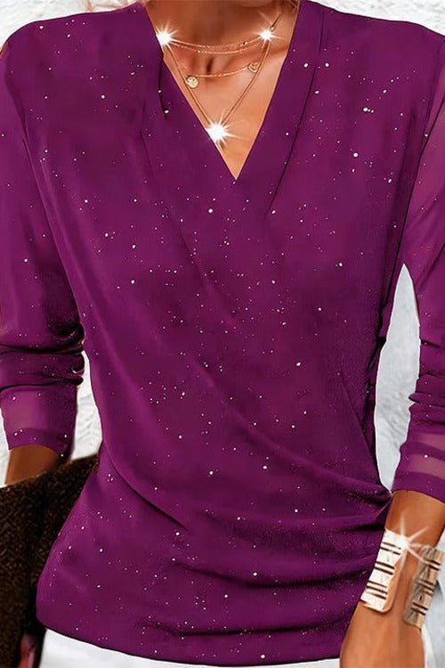 Draped V Neck Shimmer Blouse