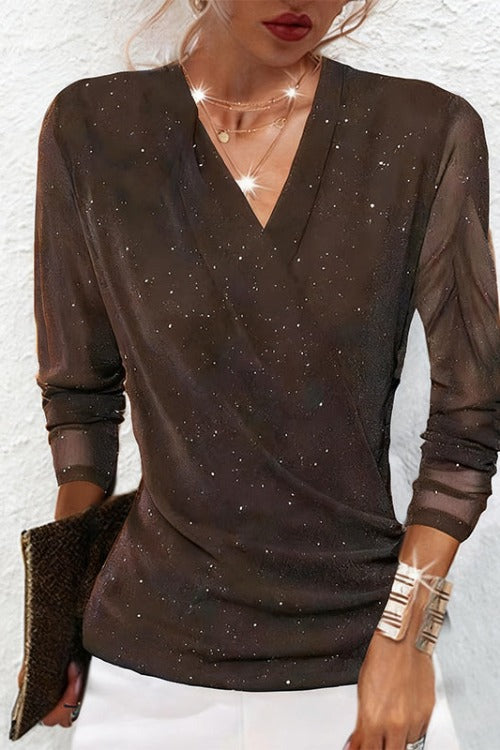 Draped V Neck Shimmer Blouse