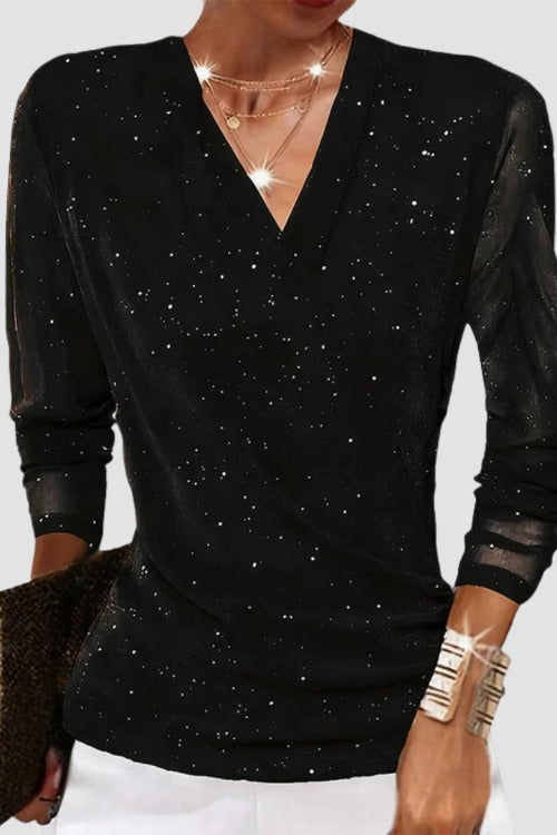 Draped V Neck Shimmer Blouse