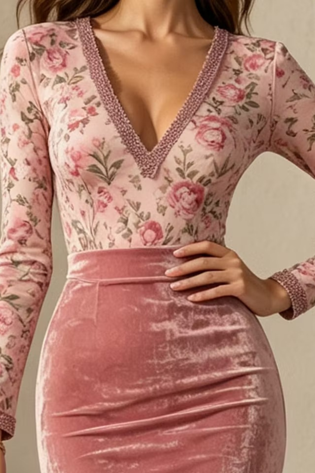 Dusty Rose Floral Velvet Mermaid Midi Dress