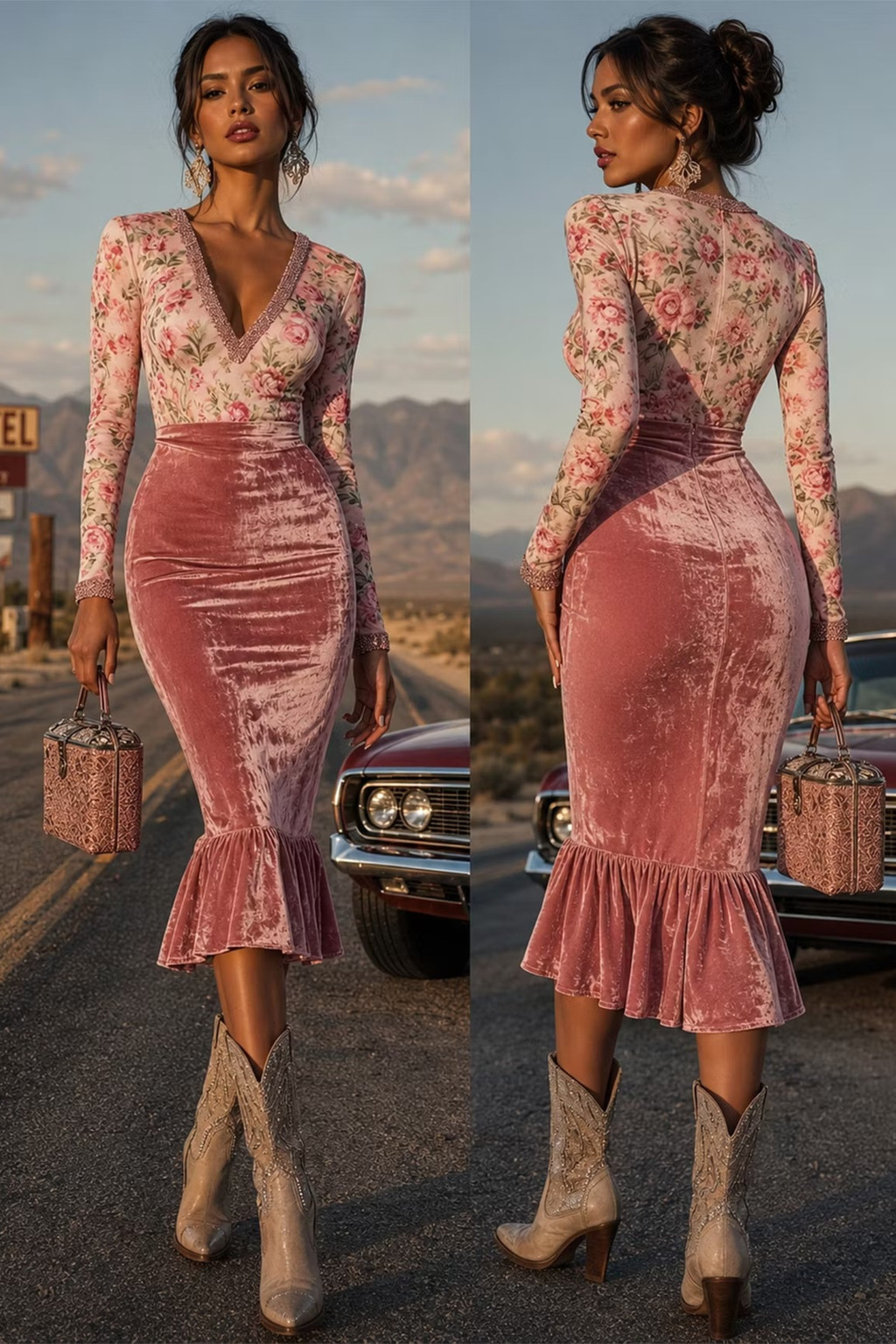 Dusty Rose Floral Velvet Mermaid Midi Dress