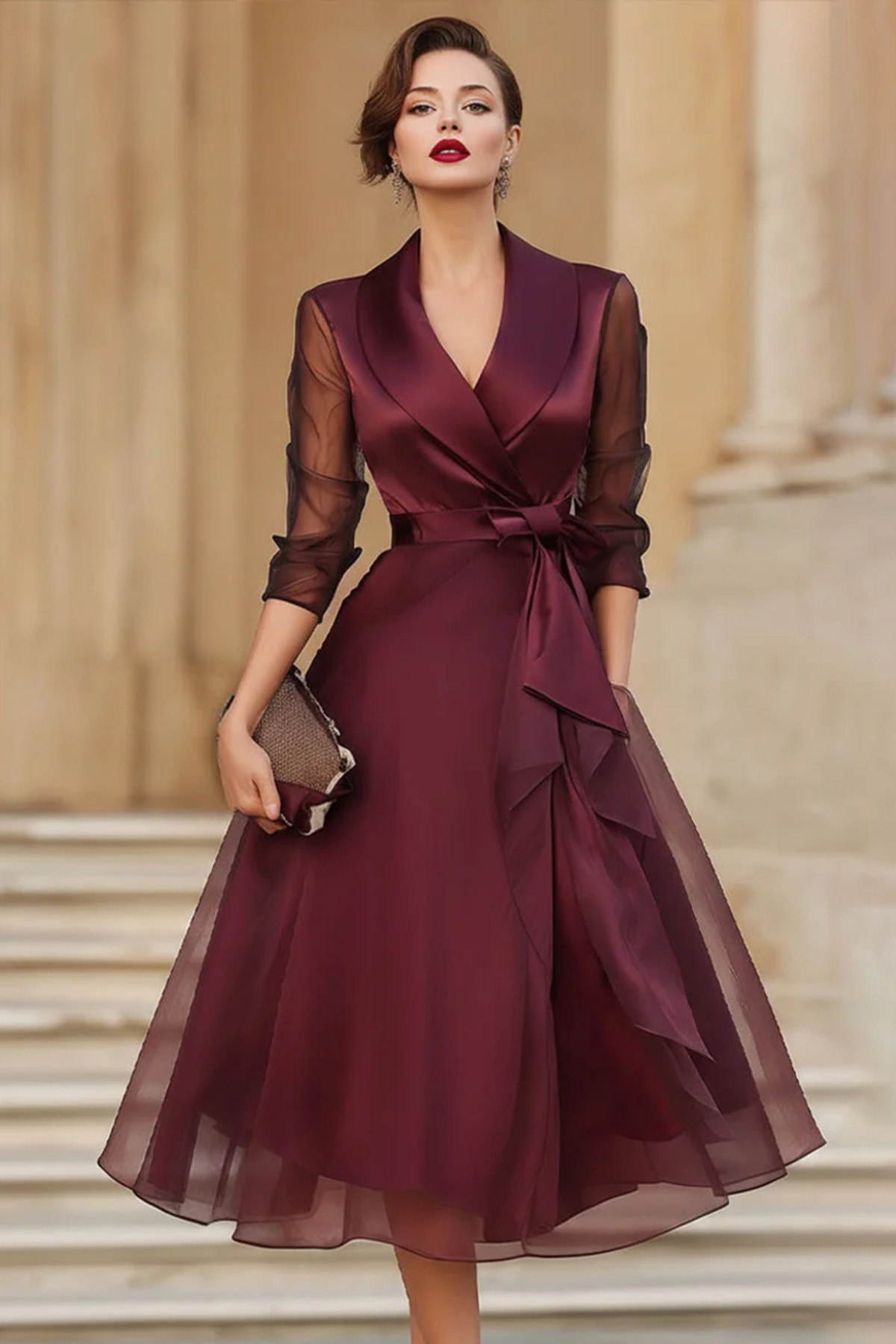 V Neck Wrap Midi Dress