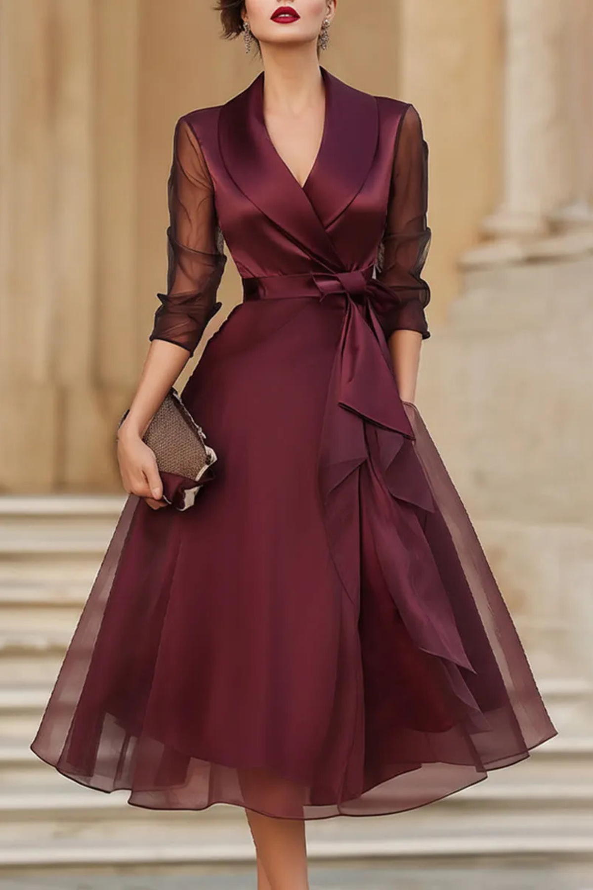 V Neck Wrap Midi Dress