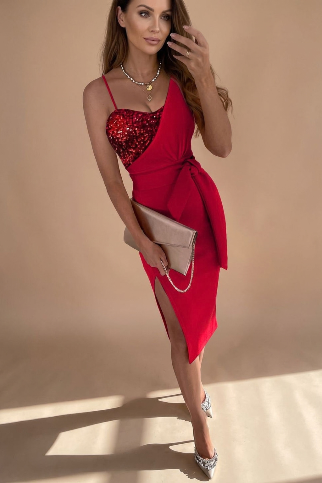 Asymmetric Sequin Waist Tie Midi Dress
