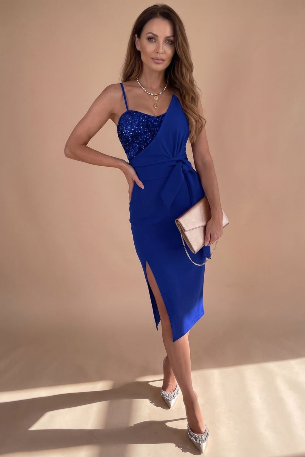 Asymmetric Sequin Waist Tie Midi Dress