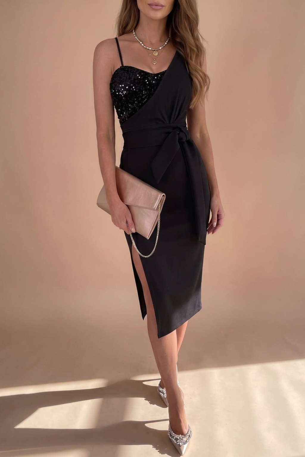Asymmetric Sequin Waist Tie Midi Dress