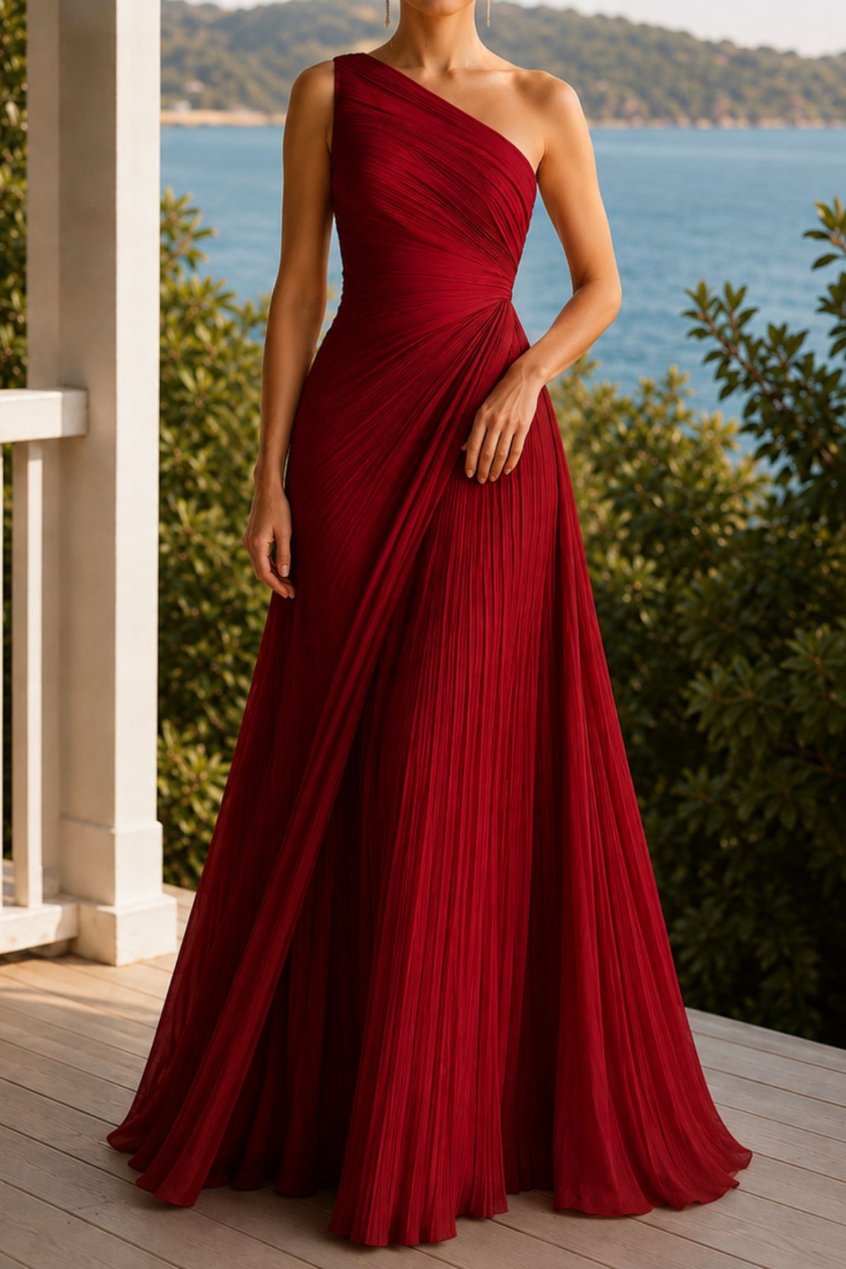 One Shoulder Pleated Maxi Dress