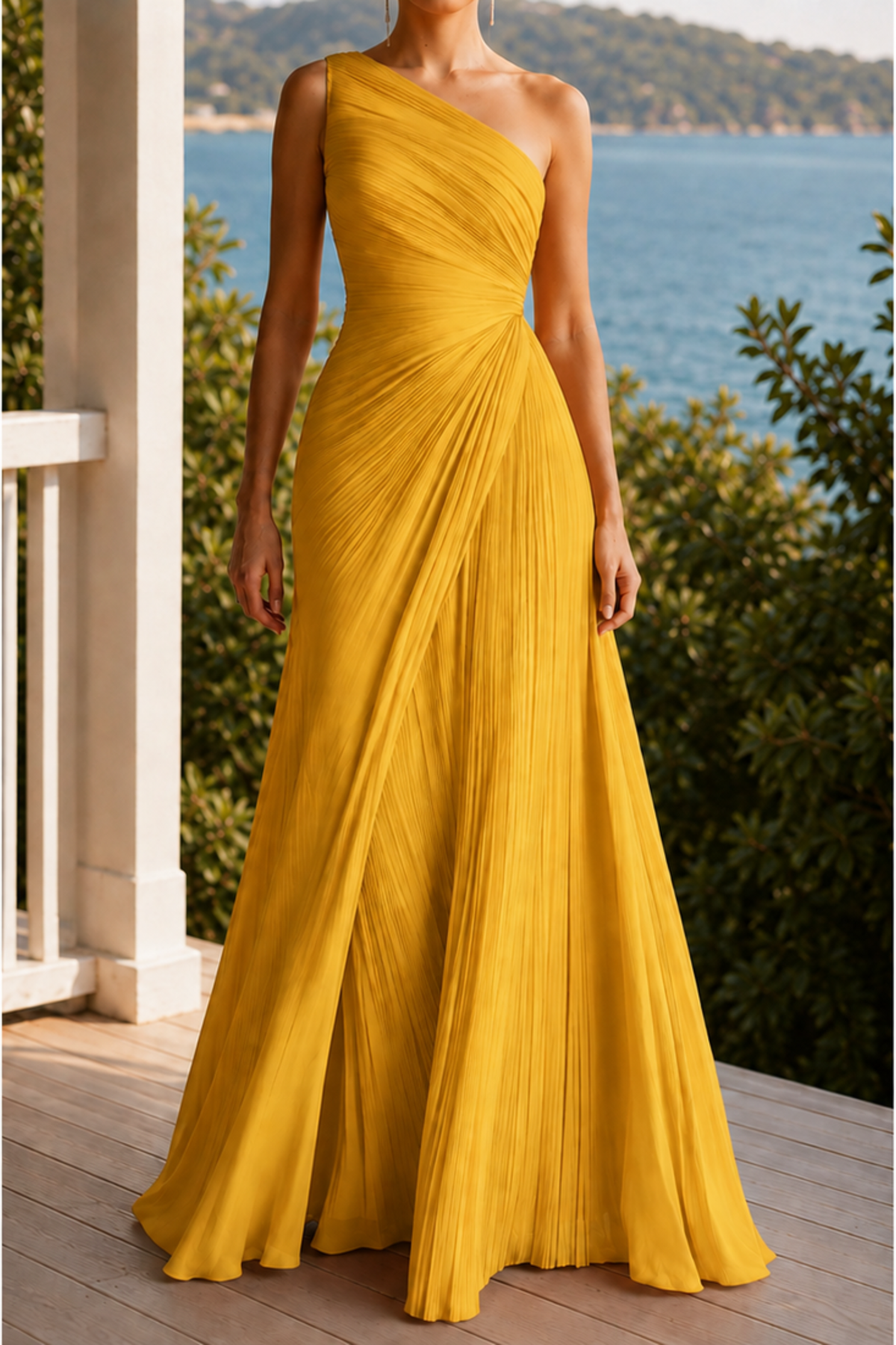 One Shoulder Pleated Maxi Dress