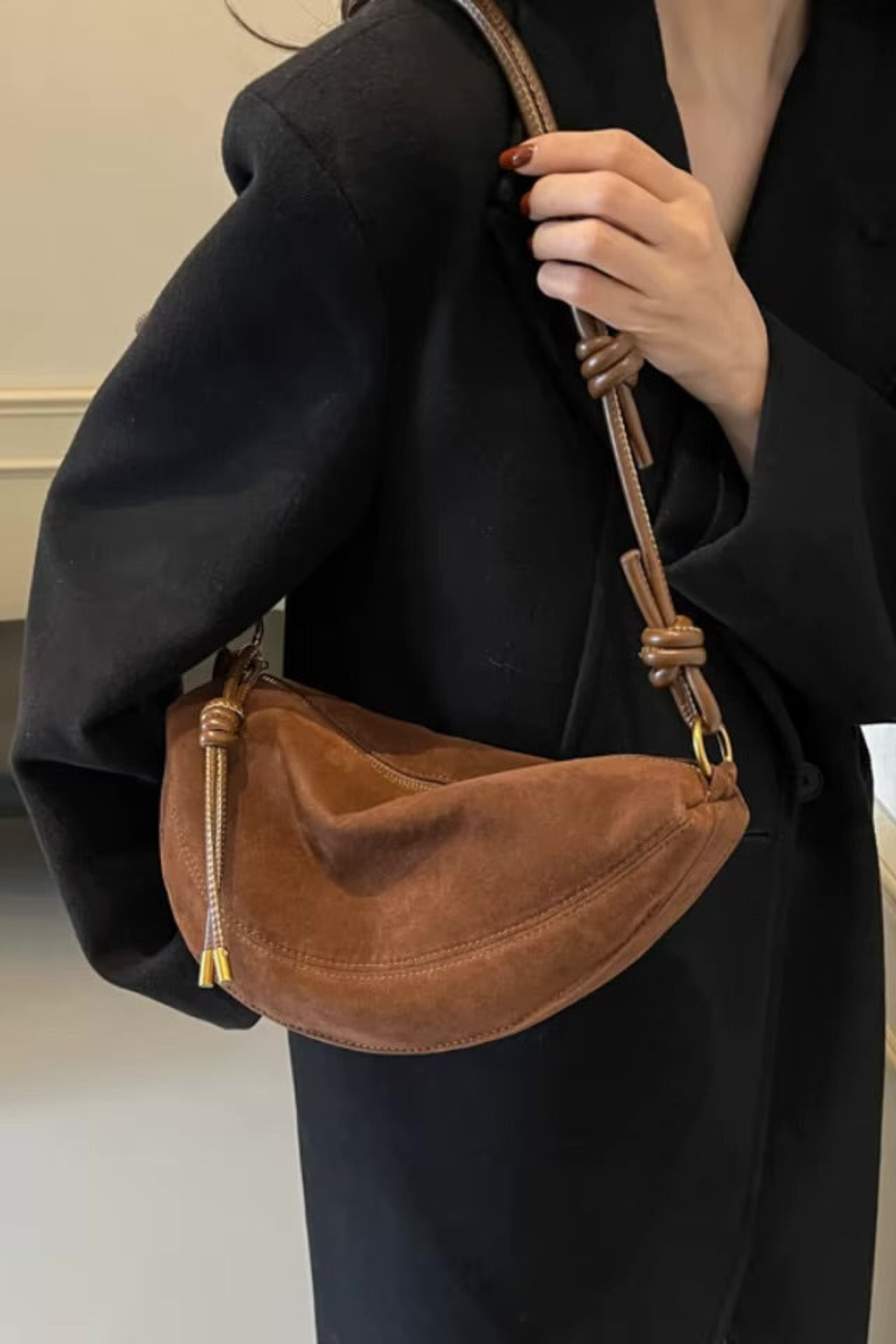 Faux Suede Crescent Shoulder Bag