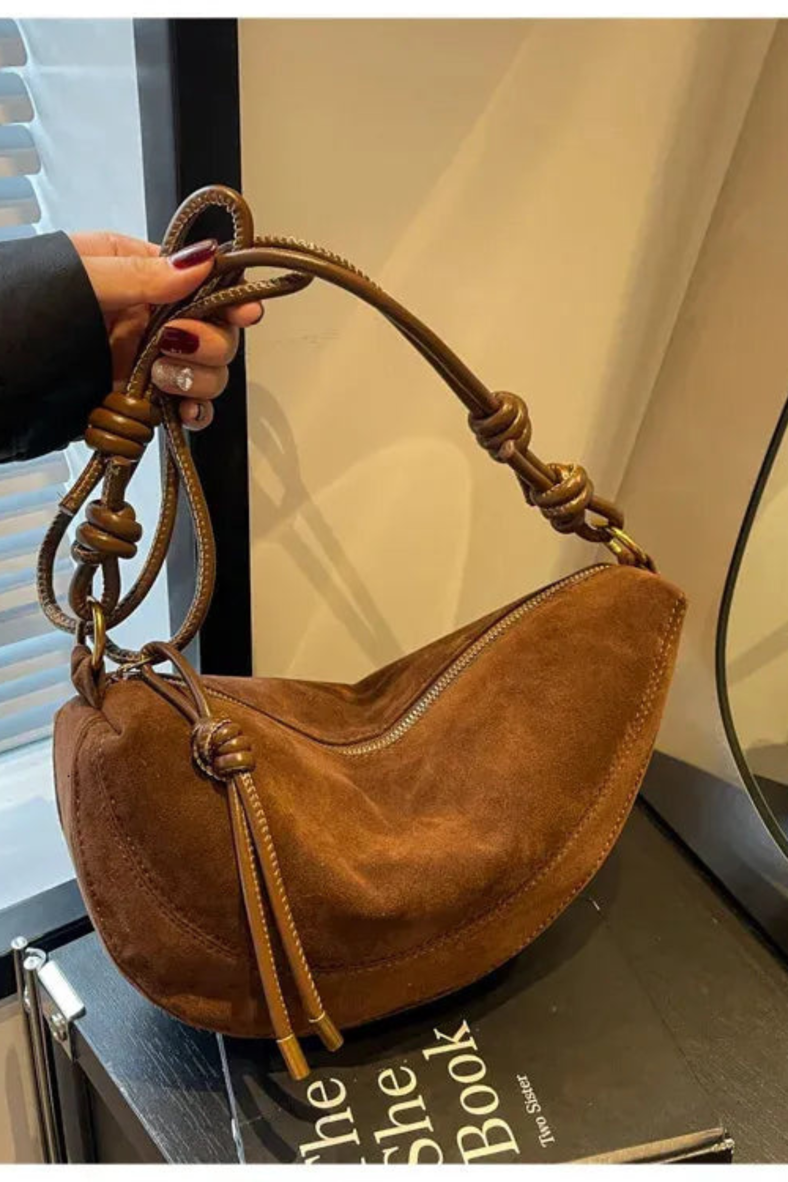 Faux Suede Crescent Shoulder Bag