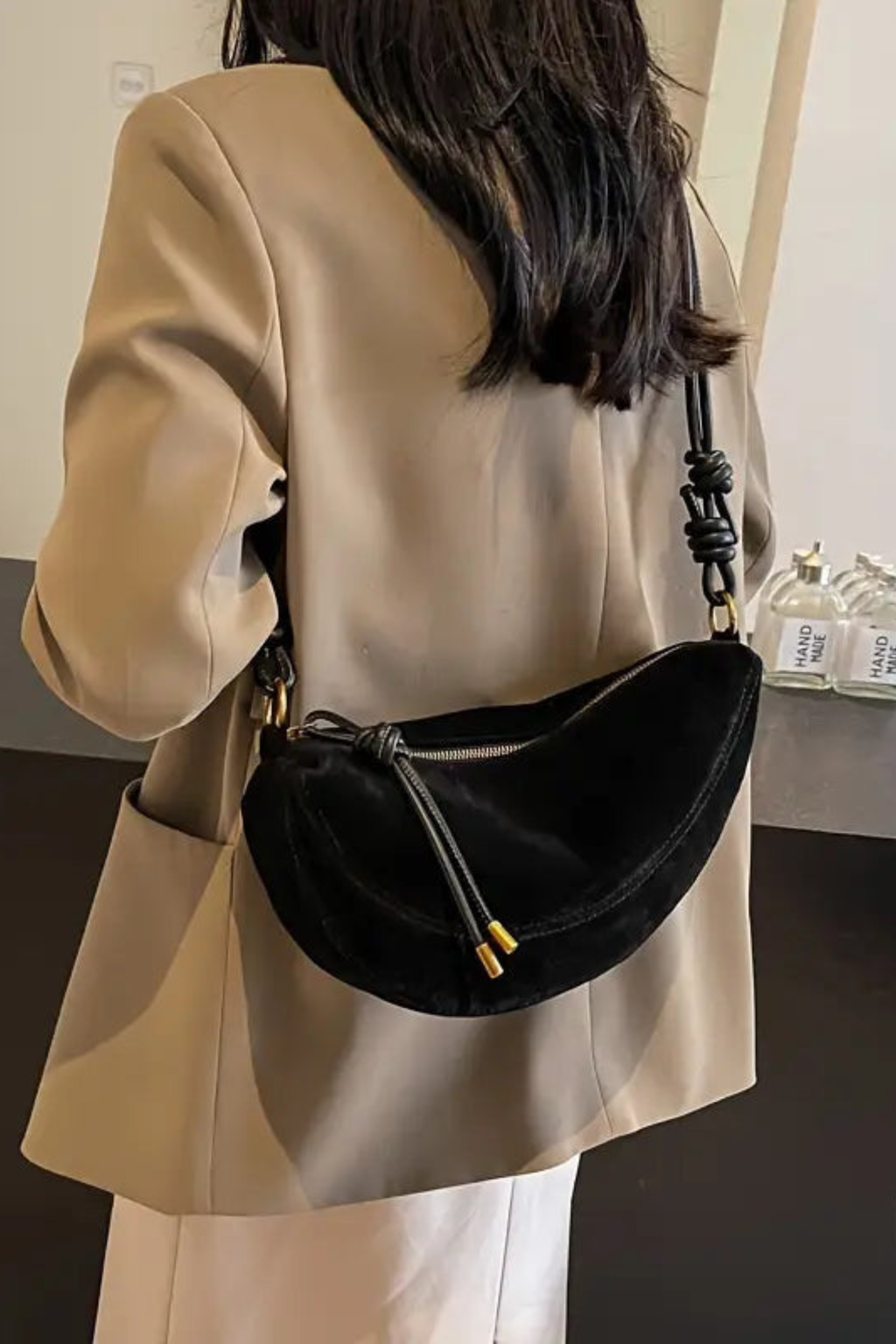 Faux Suede Crescent Shoulder Bag