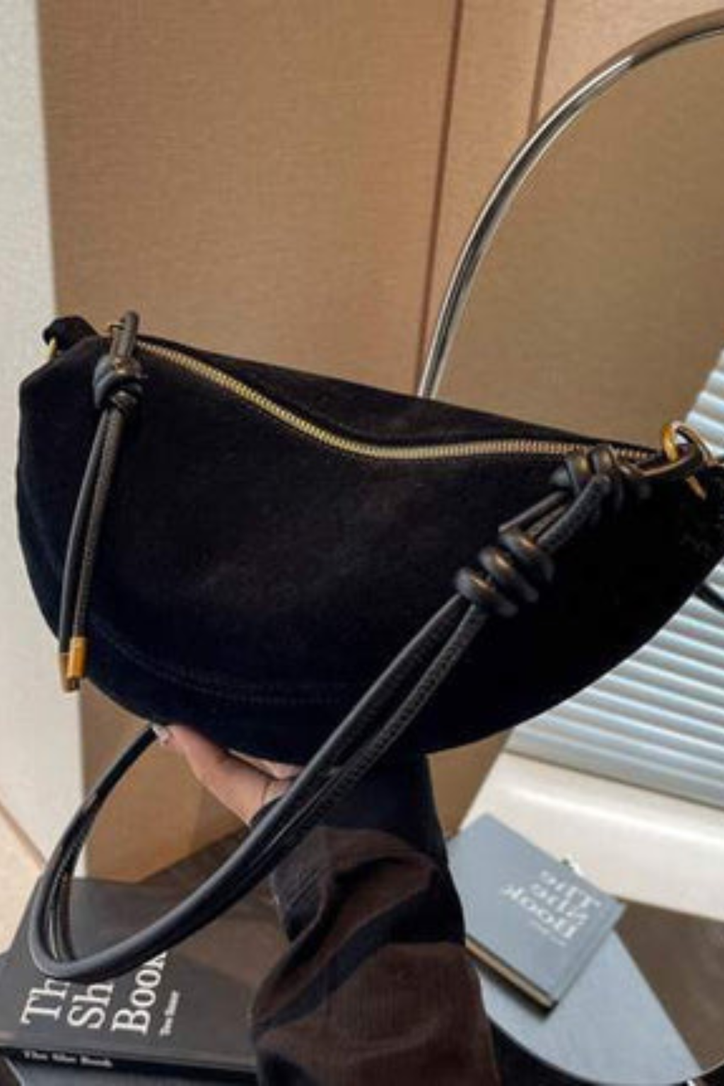 Faux Suede Crescent Shoulder Bag