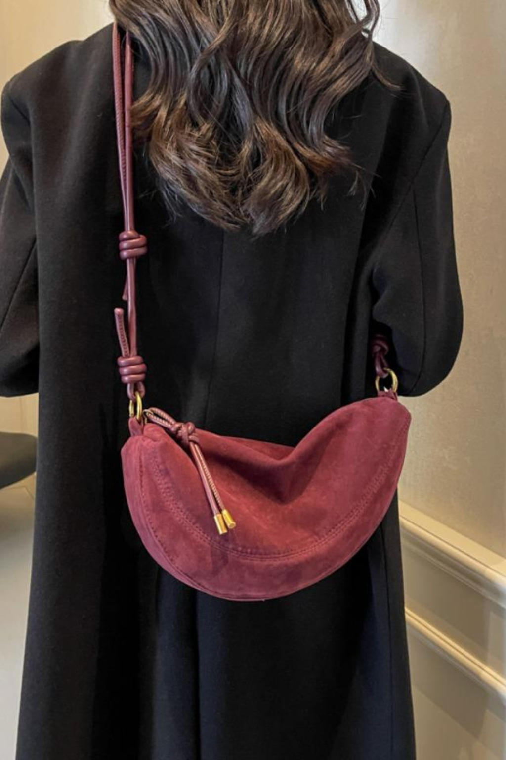 Faux Suede Crescent Shoulder Bag