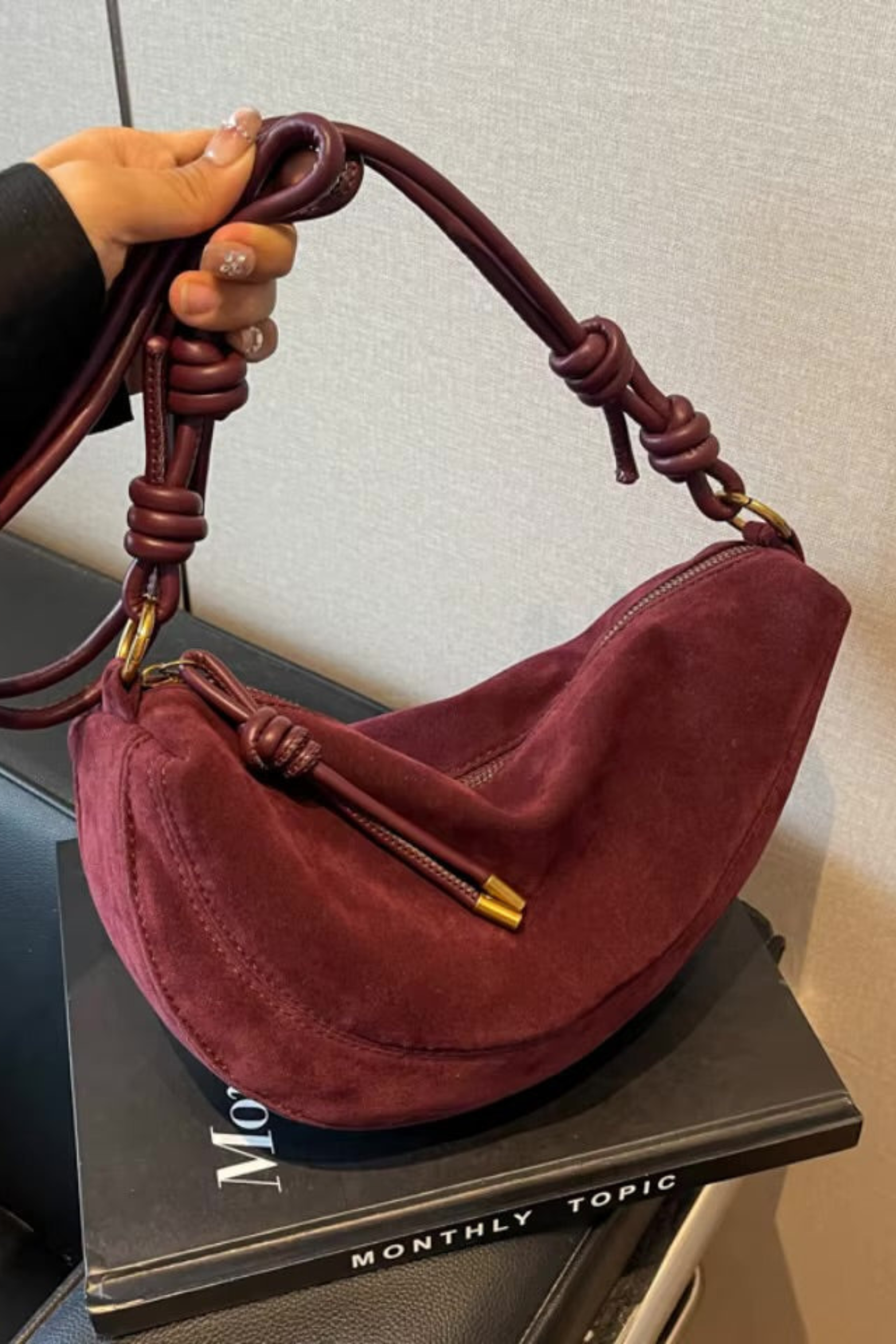Faux Suede Crescent Shoulder Bag