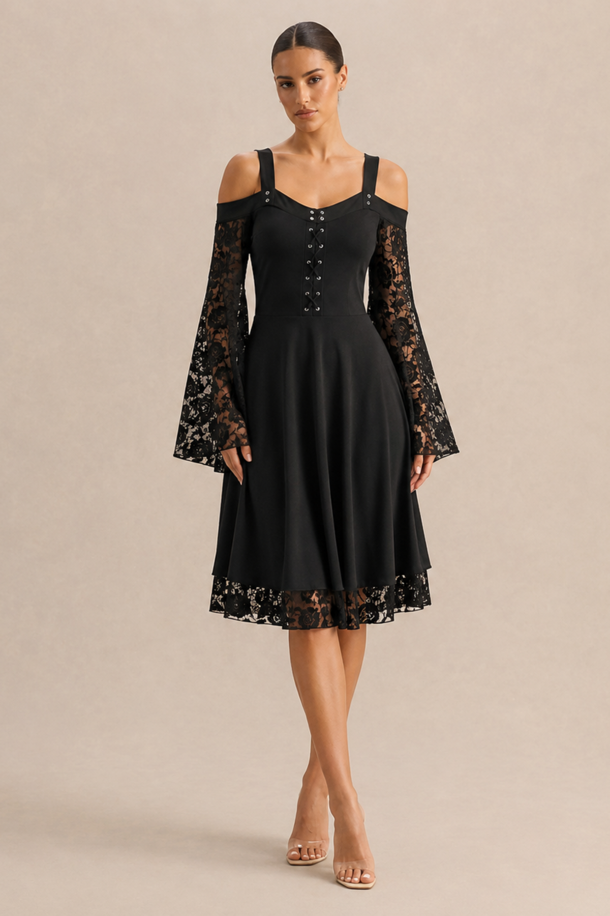 Fiore Knit Lace Up Fit and Flare Midi Dress