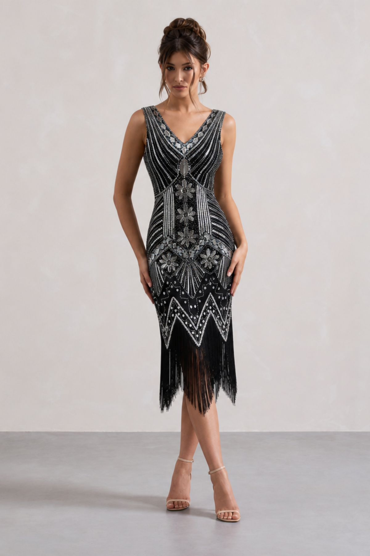 Wine Red Sequin Fringe Midi Dress