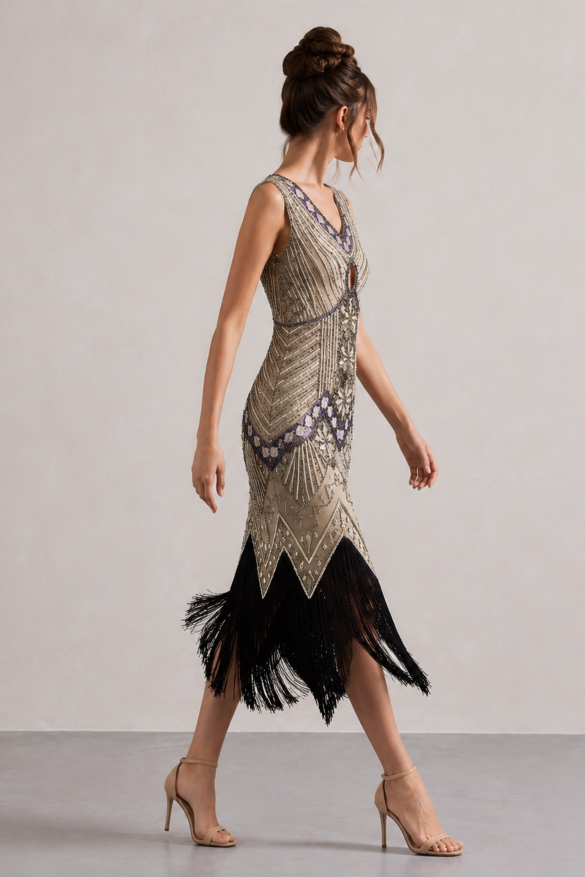Wine Red Sequin Fringe Midi Dress