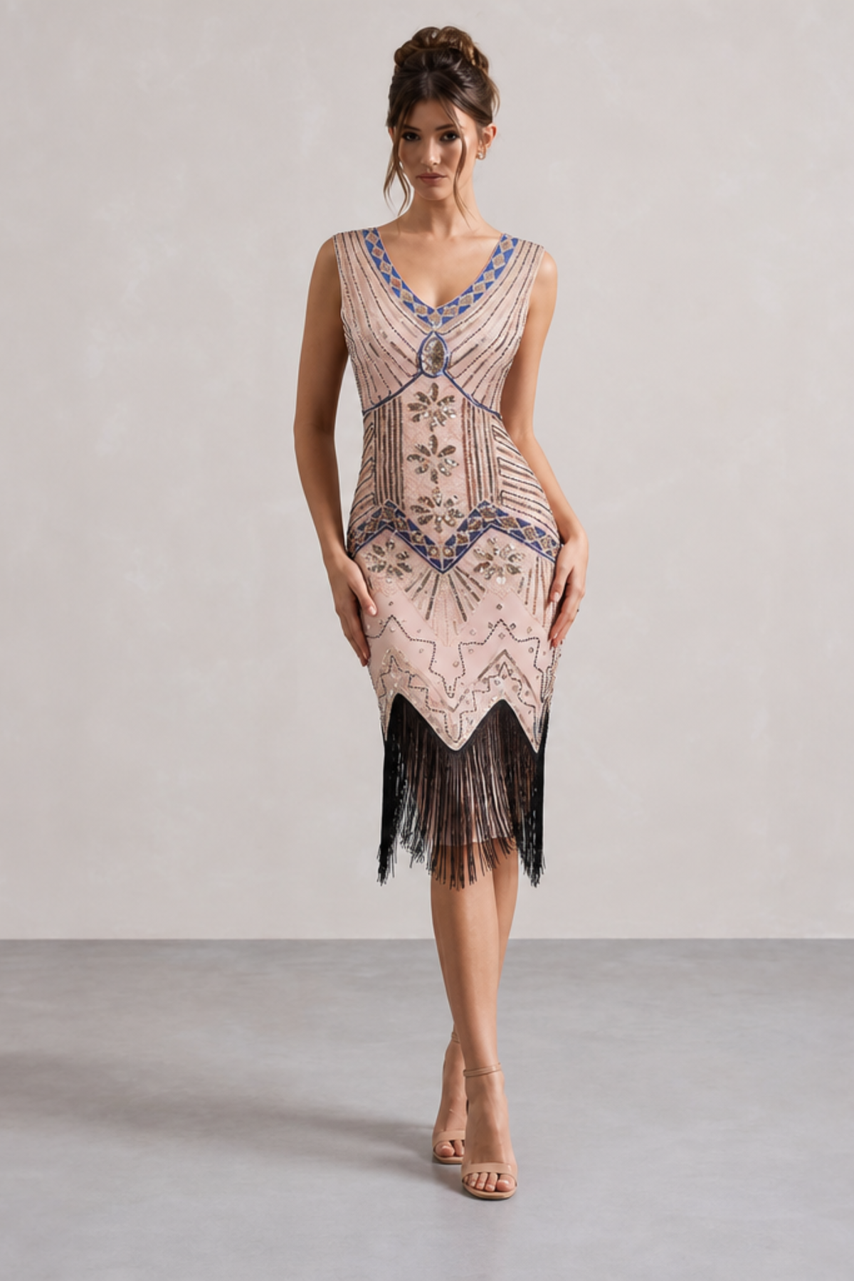 Wine Red Sequin Fringe Midi Dress