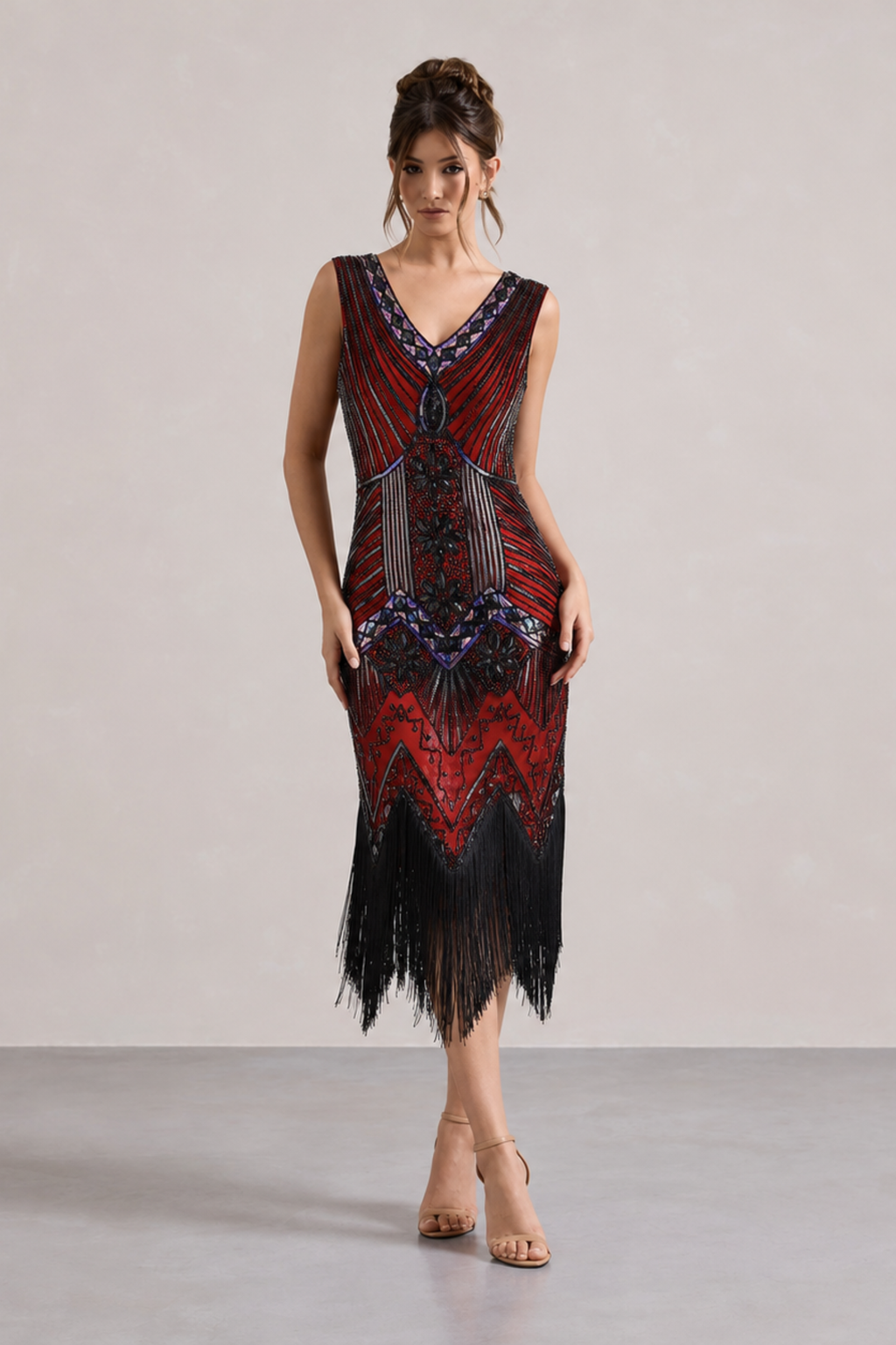 Wine Red Sequin Fringe Midi Dress