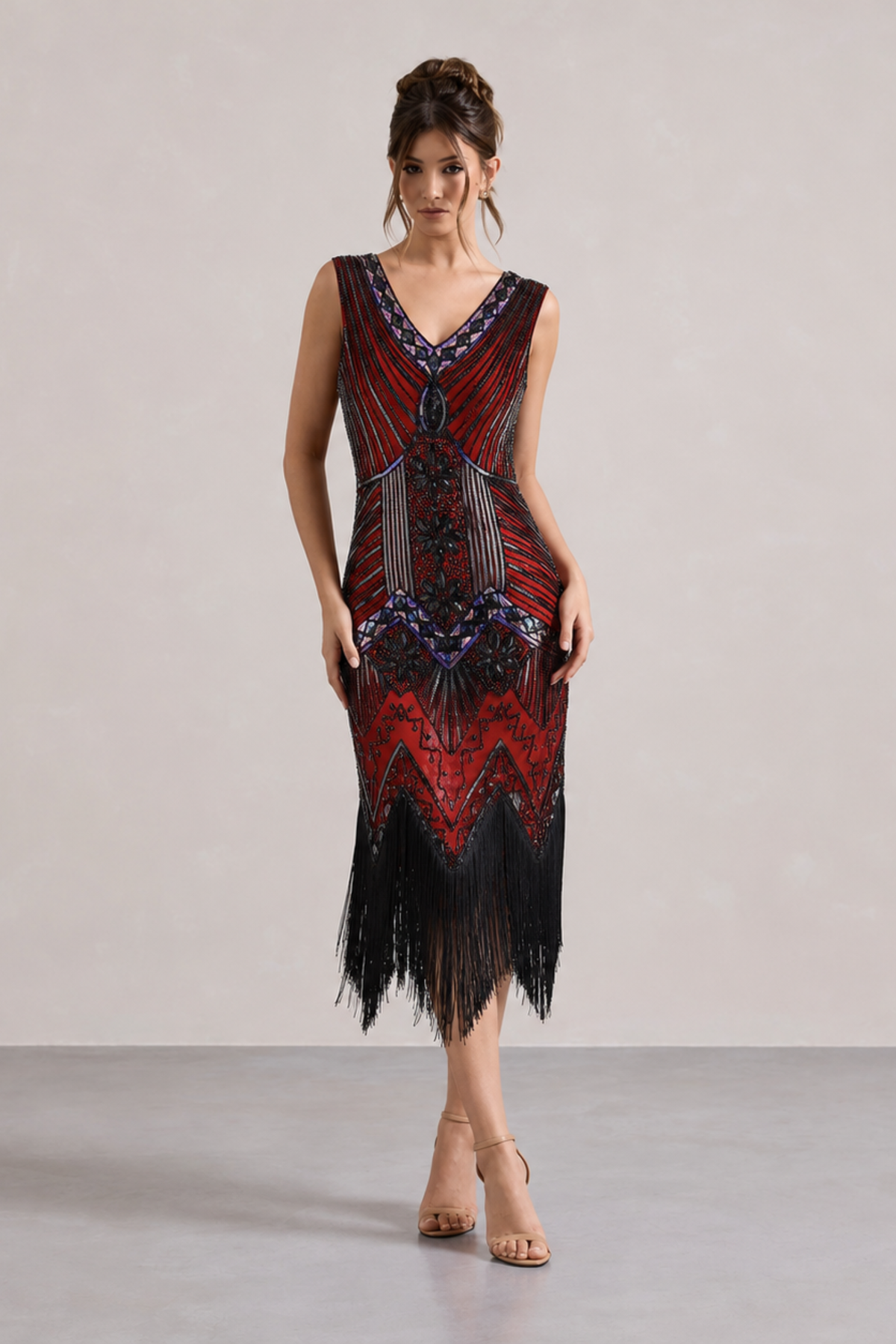 Wine Red Sequin Fringe Midi Dress
