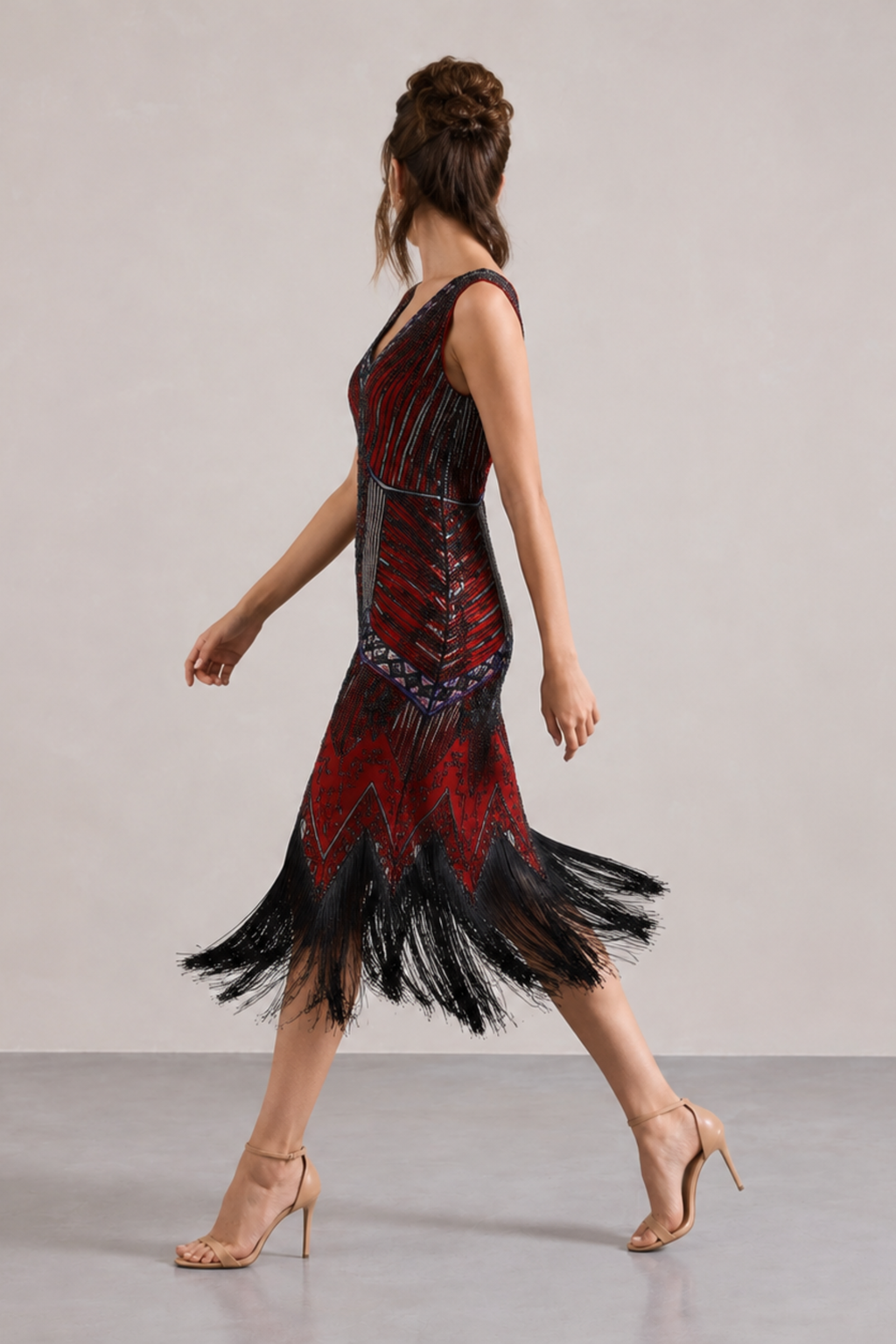 Wine Red Sequin Fringe Midi Dress