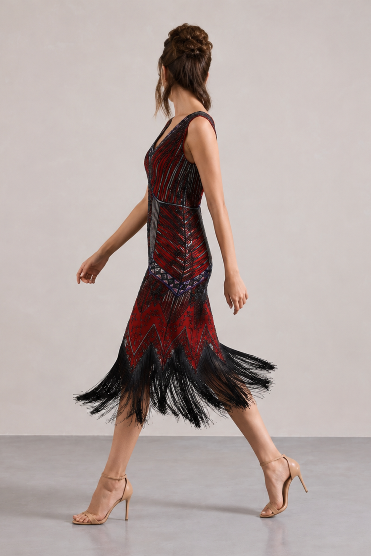 Wine Red Sequin Fringe Midi Dress