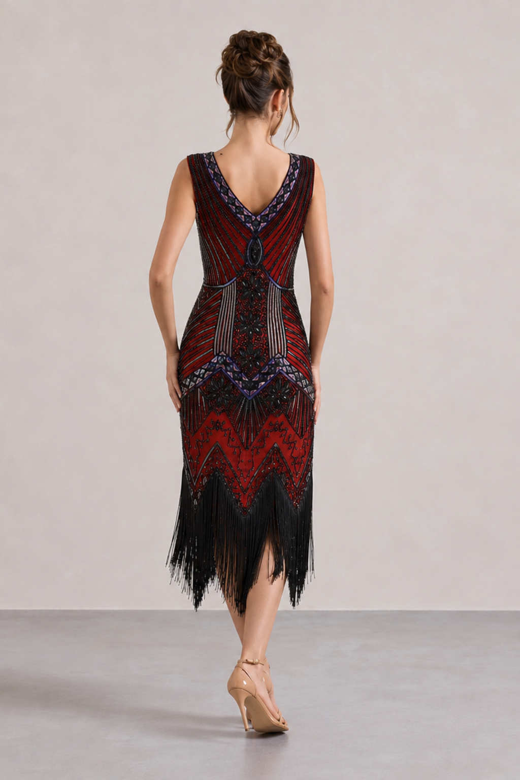 Wine Red Sequin Fringe Midi Dress