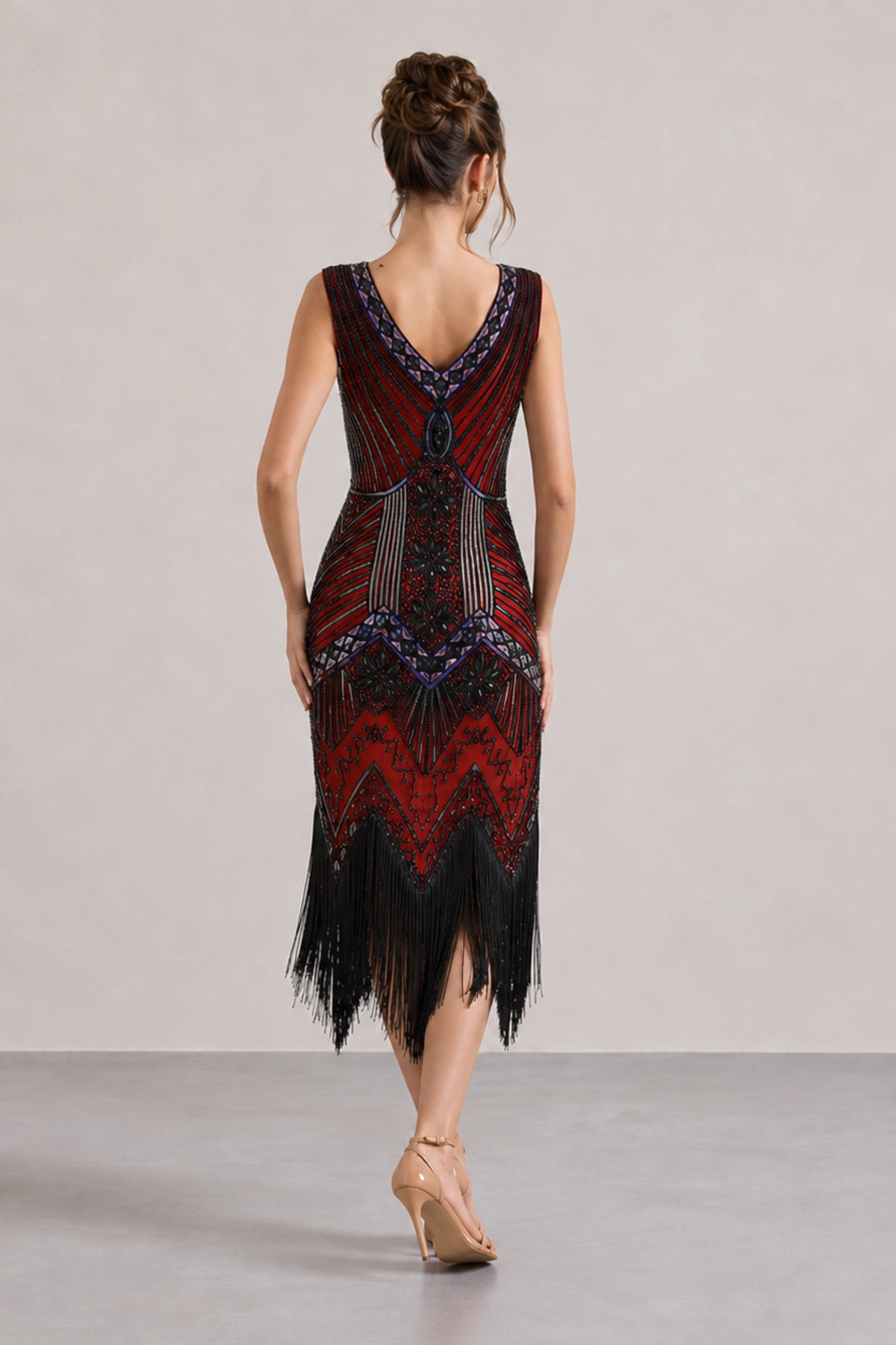 Wine Red Sequin Fringe Midi Dress