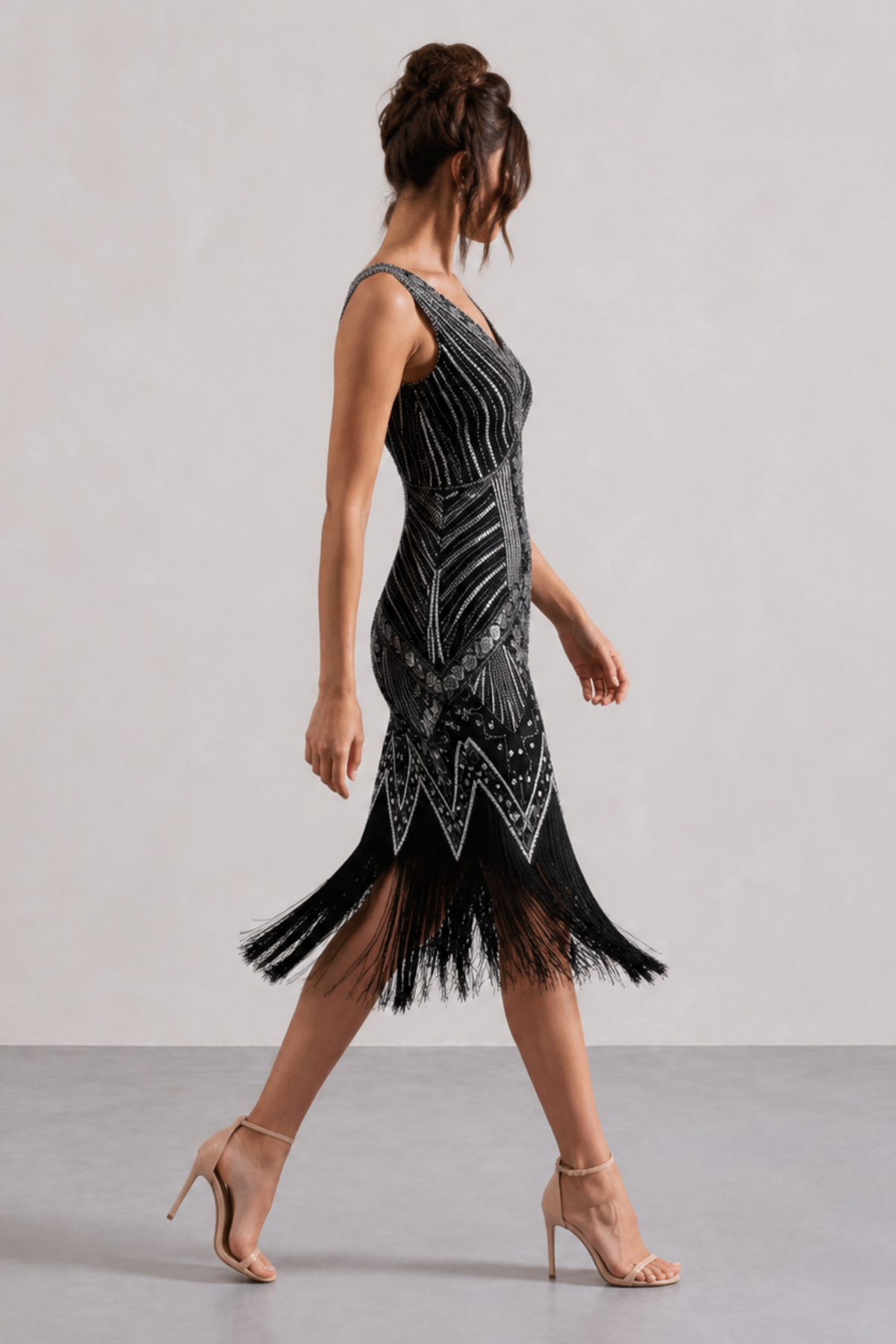 Wine Red Sequin Fringe Midi Dress