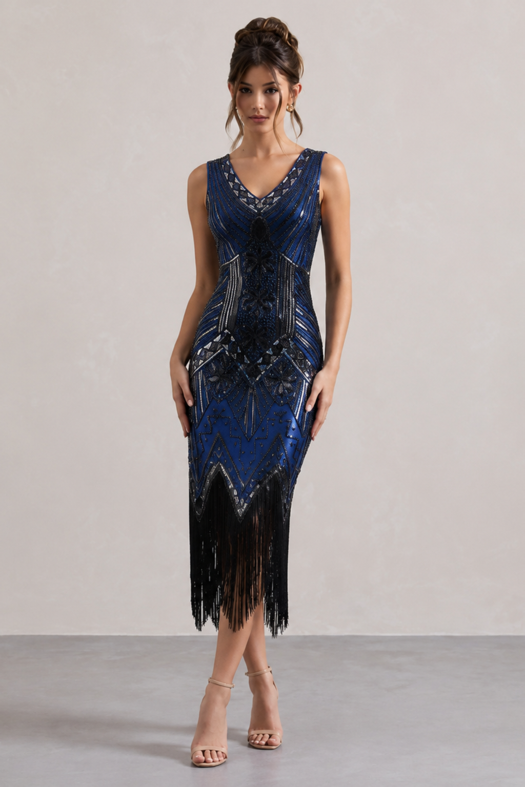 Wine Red Sequin Fringe Midi Dress