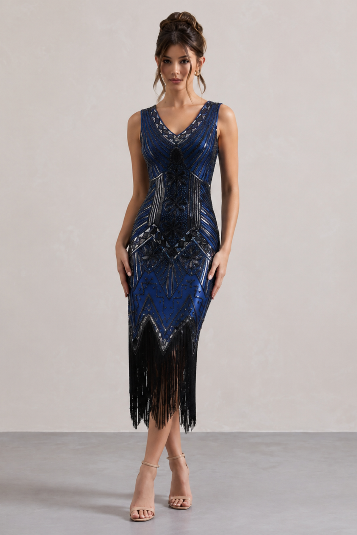 Wine Red Sequin Fringe Midi Dress