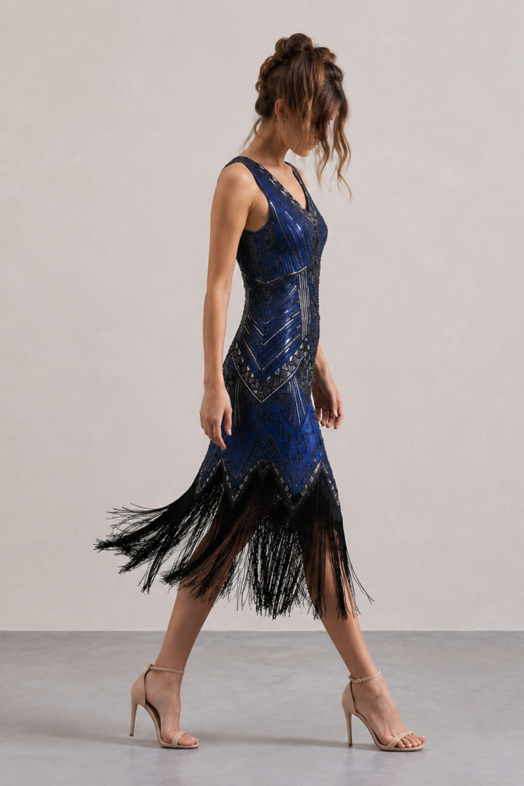 Wine Red Sequin Fringe Midi Dress