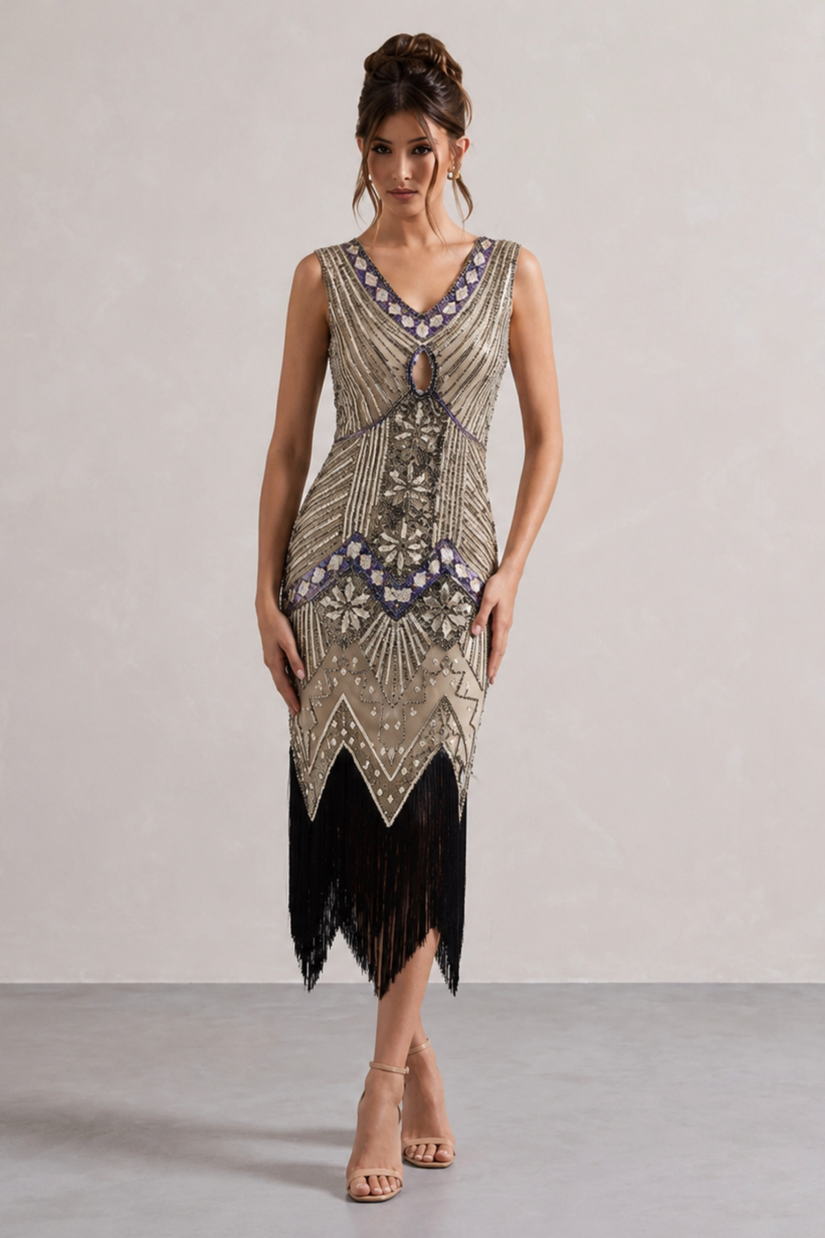 Wine Red Sequin Fringe Midi Dress