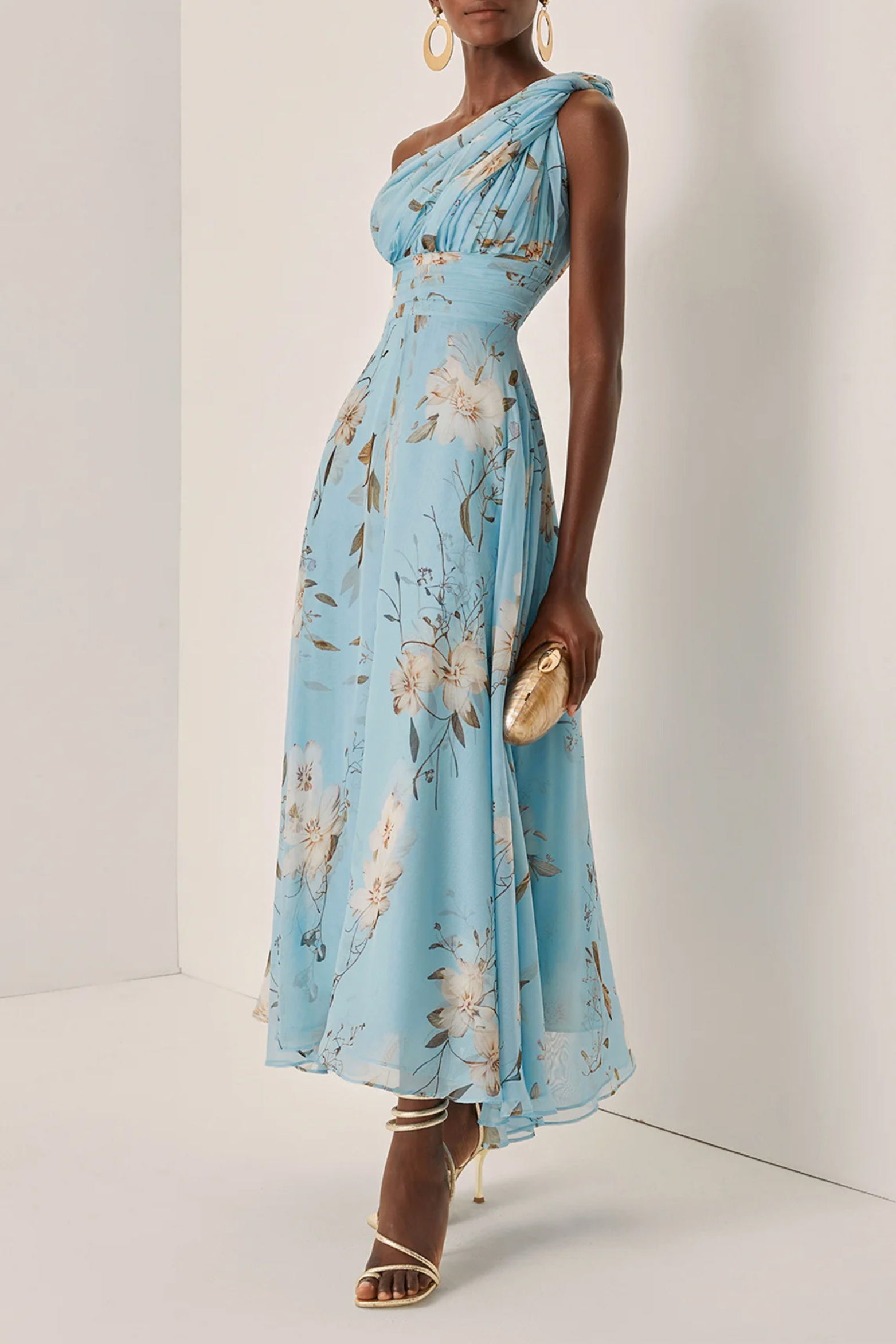 Floral Pleated One Shoulder Dress