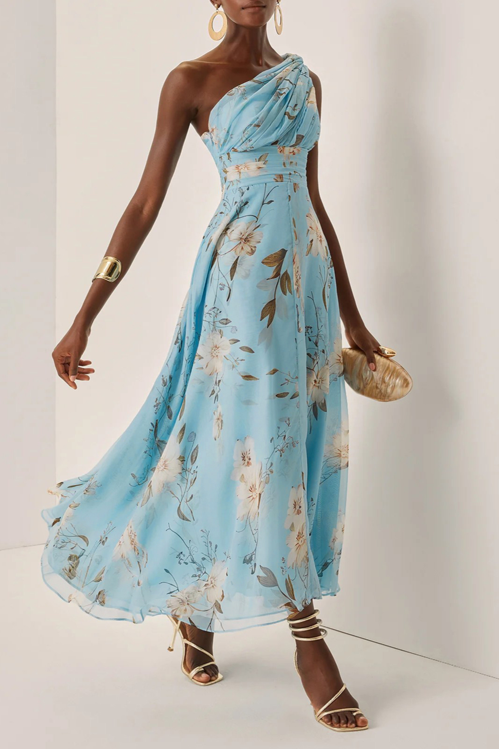 Floral Pleated One Shoulder Dress